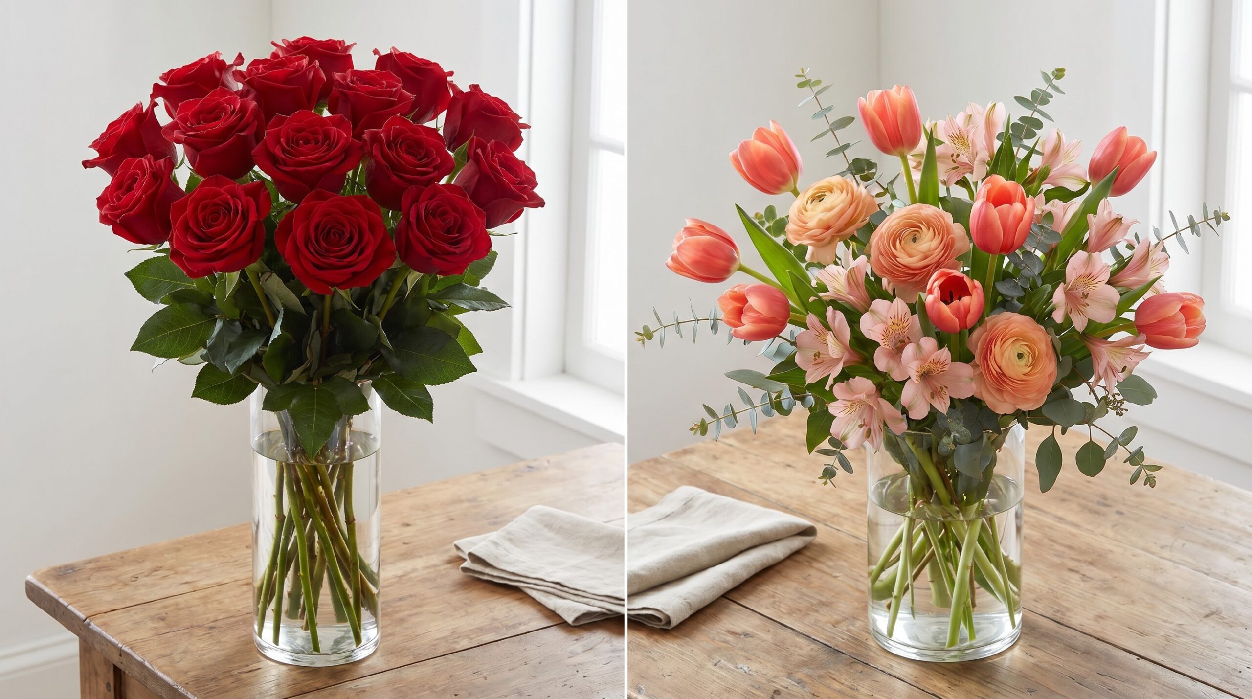 Red roses and a non-rose bouquet side by side on the same table