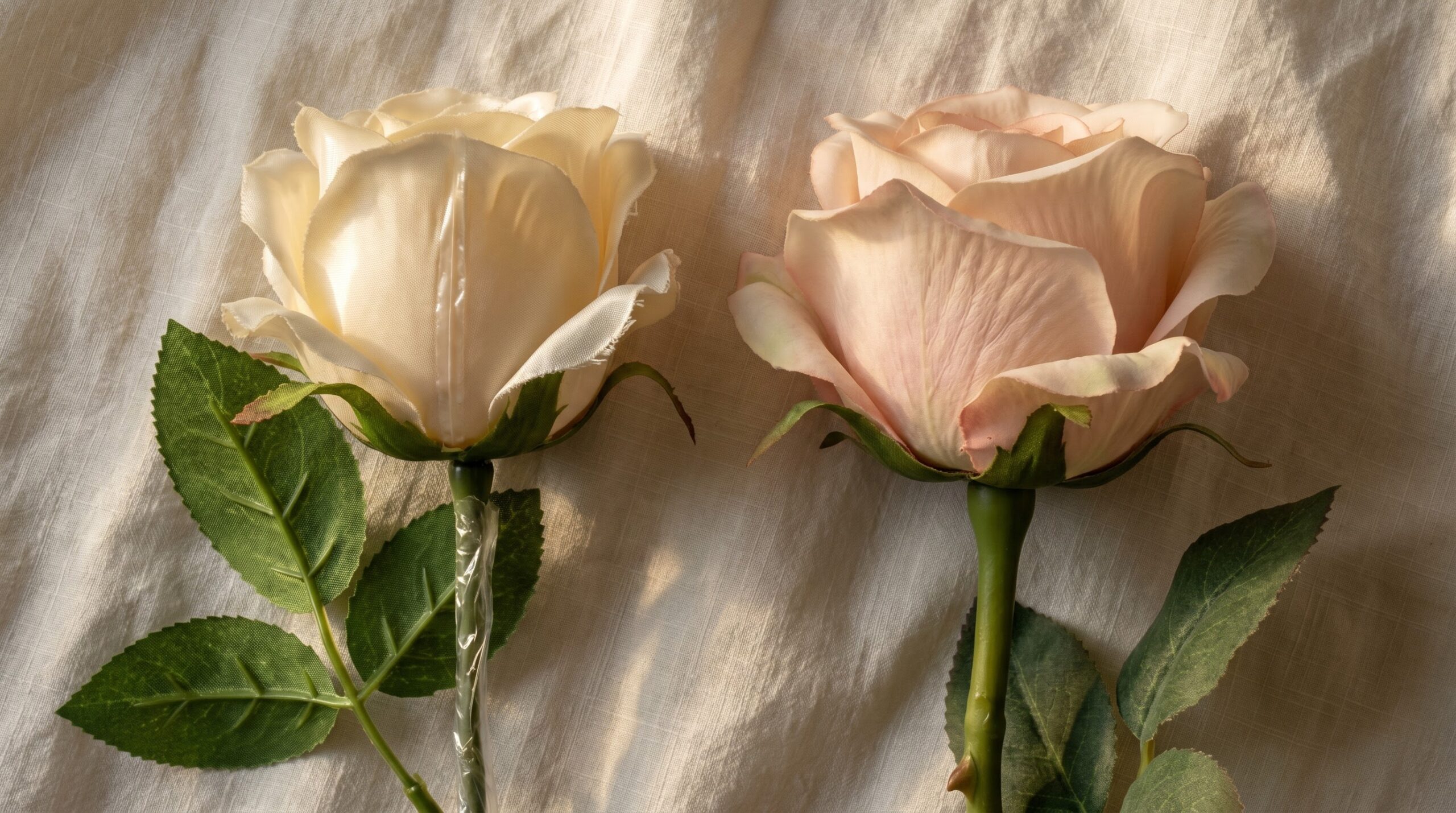 Bargain silk beside a matte real-touch rose, up close