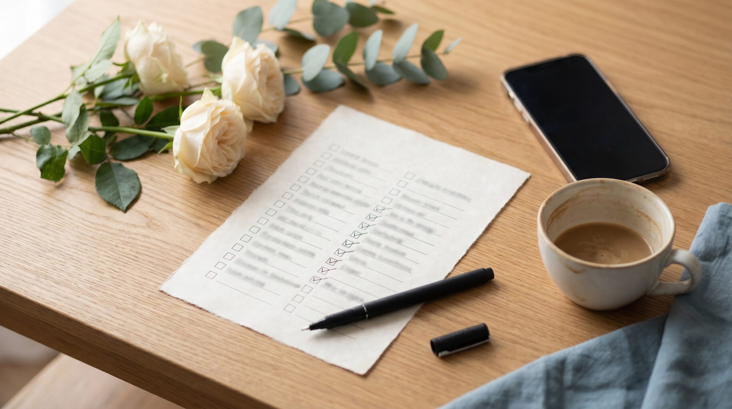 ** Printed wedding flower checklist on a table with pen, rose stems and coffee