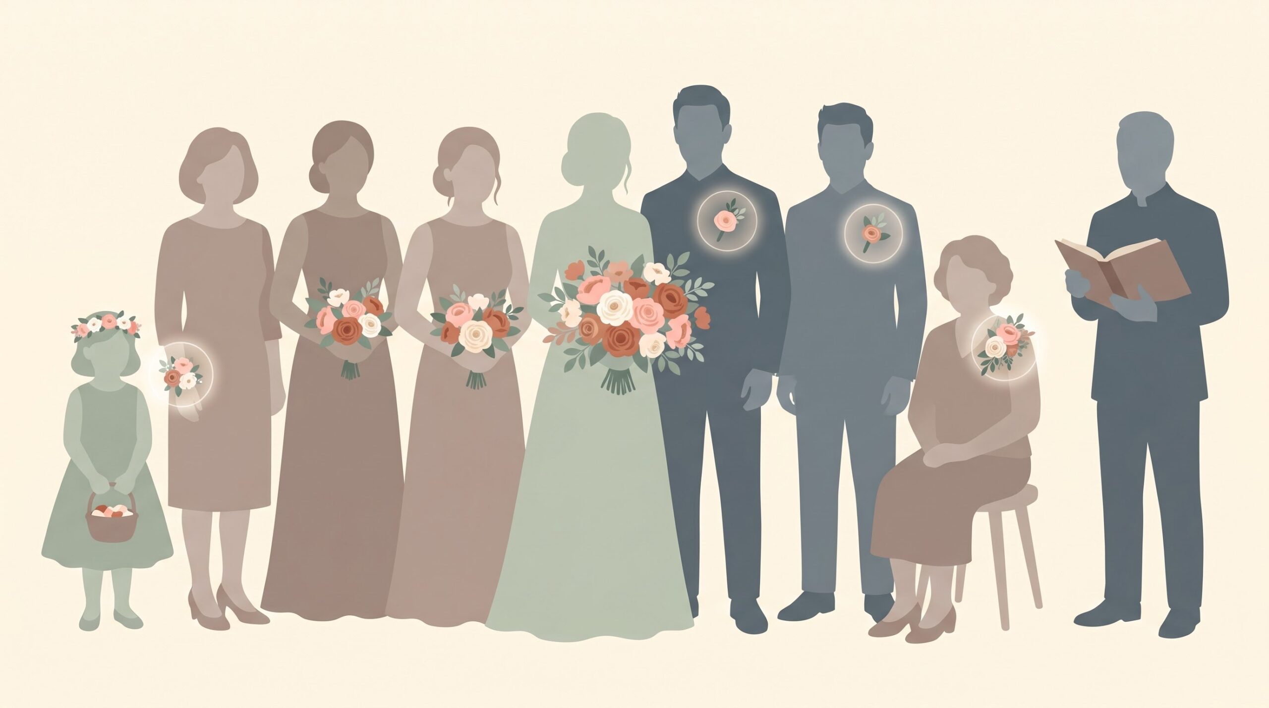 ** Illustrated wedding party lineup showing which person wears or carries each flower