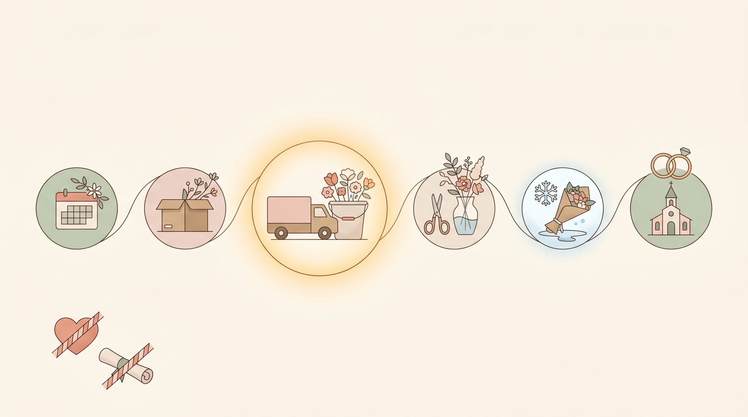 ** Icon timeline from booking a florist through midweek delivery to the wedding day