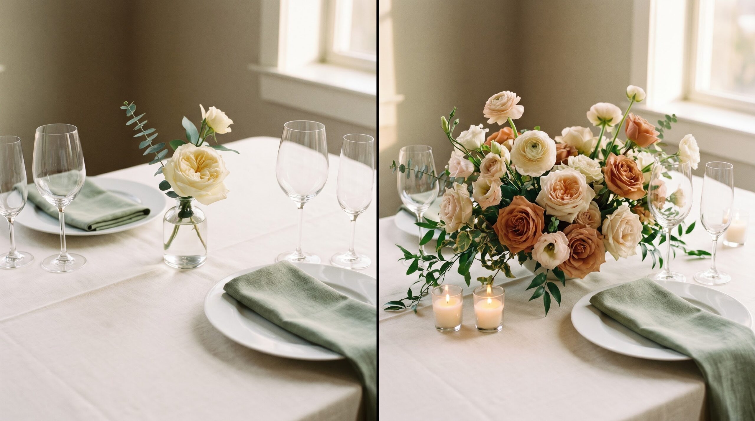 ** Same reception place setting with one bud vase versus a full centerpiece