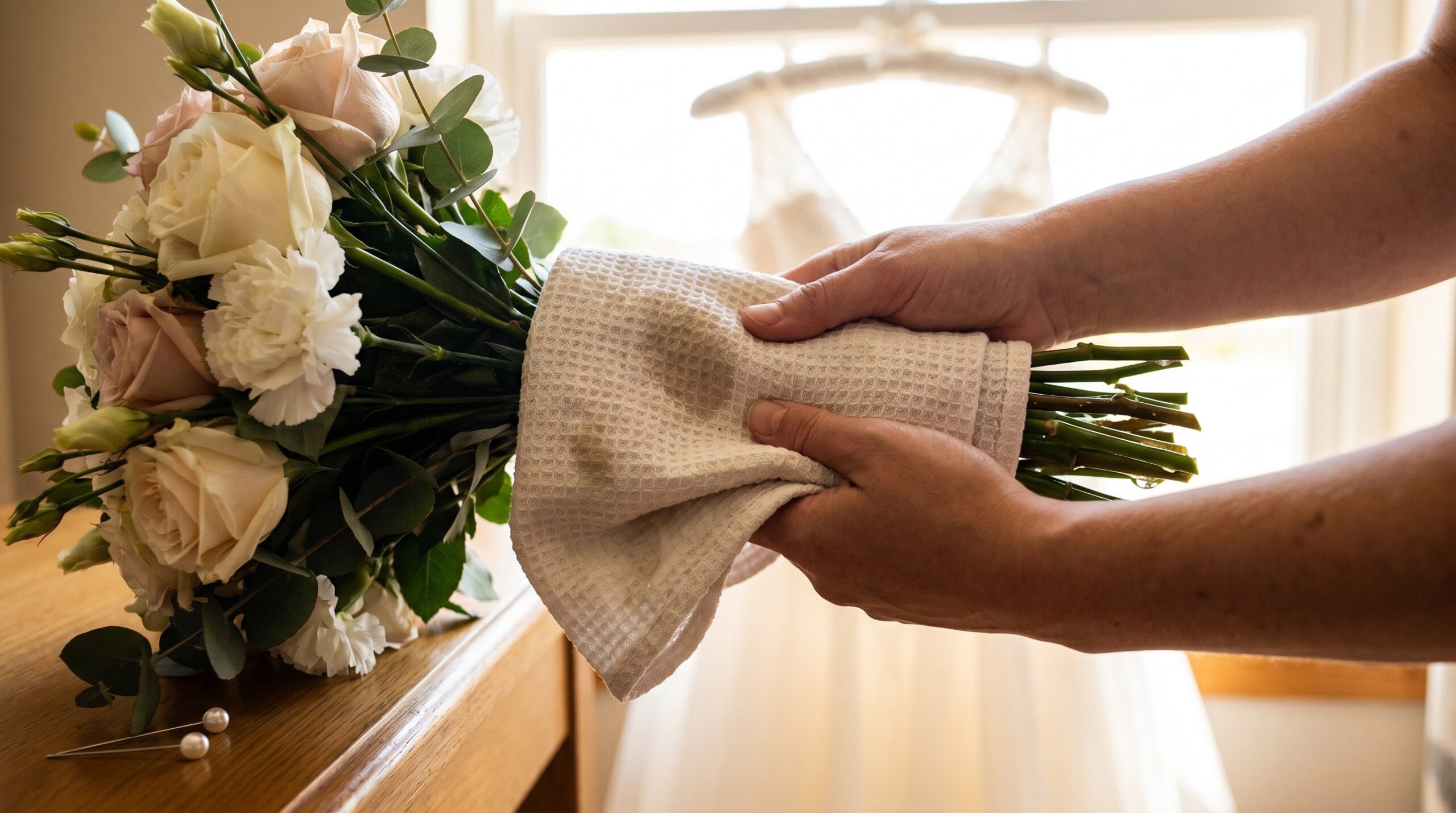 Hands drying wet bouquet stems with a white towel before a handoff