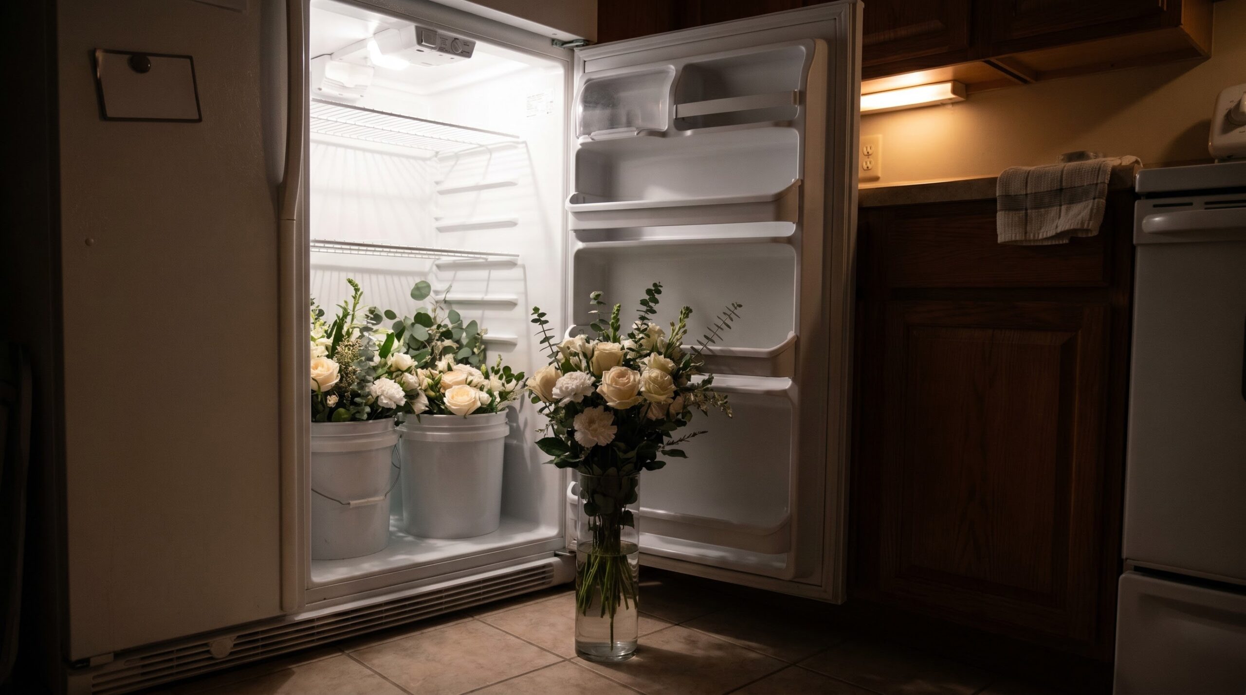 Home fridge with shelves removed holding buckets of wedding flowers overnight