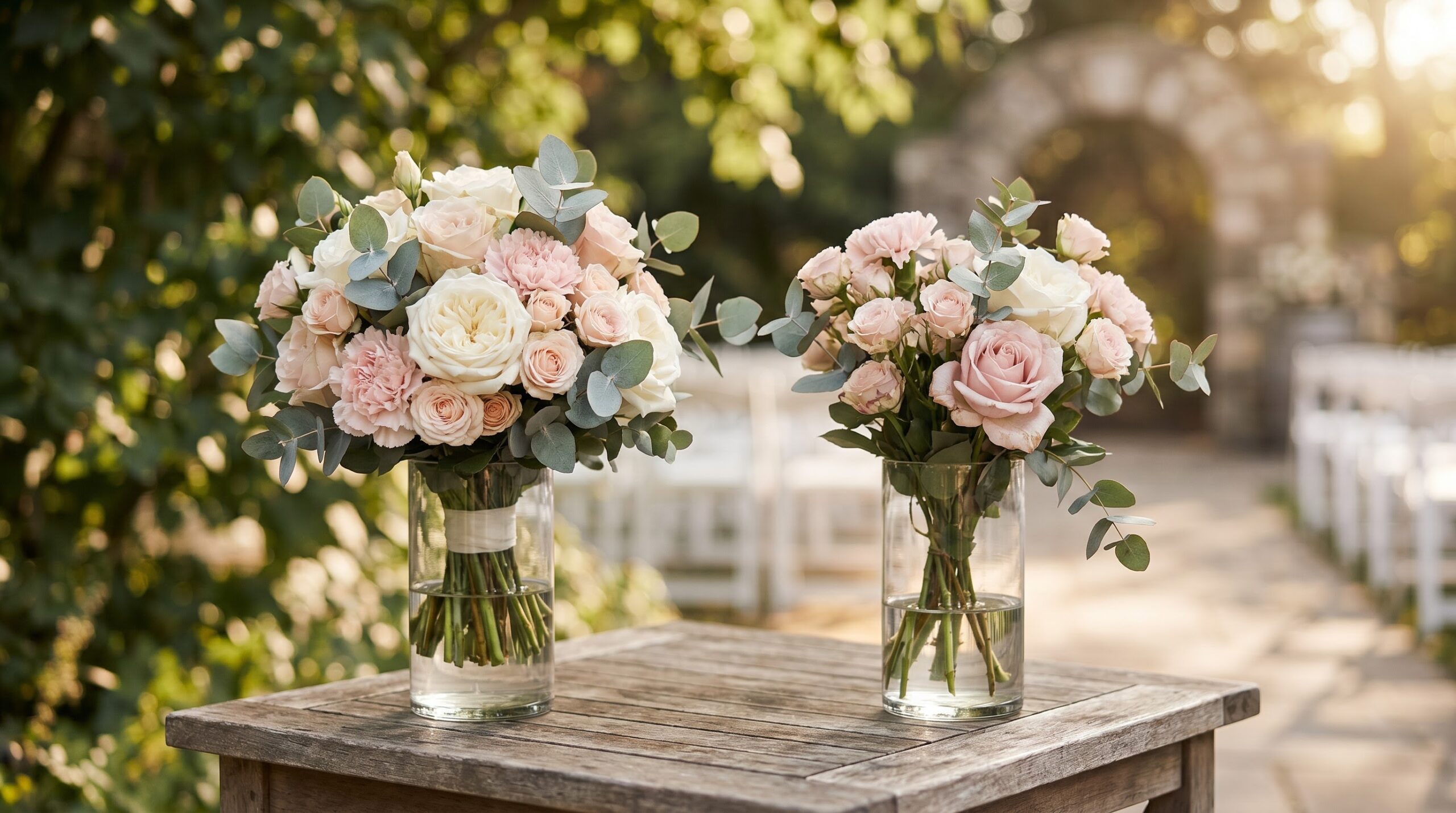 Full bridal bouquet beside its smaller photo double in matching vases