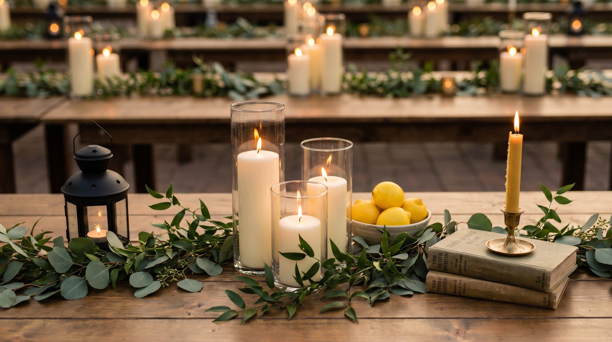 Wedding centerpiece without flowers using candles, lanterns, greenery and books