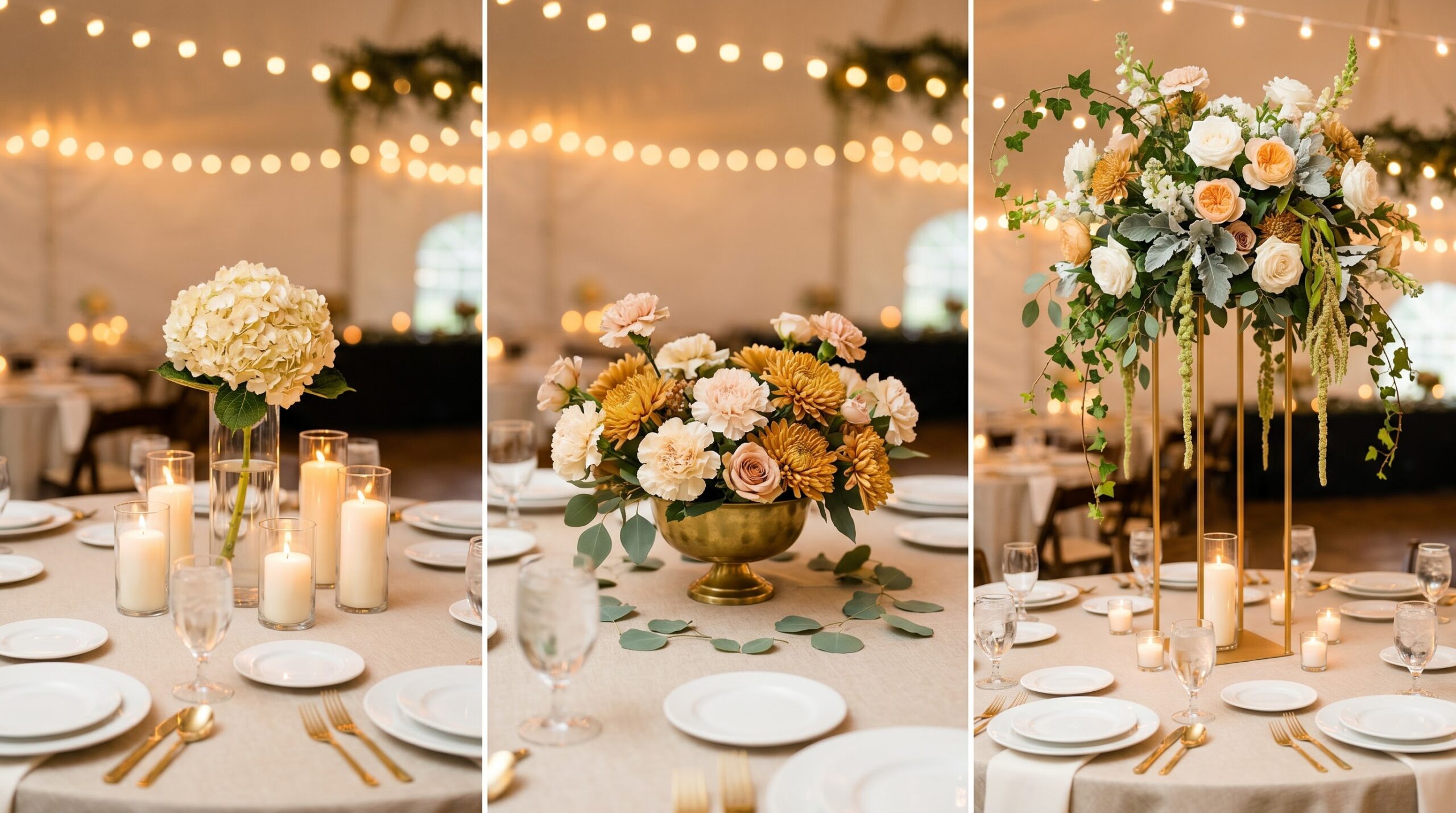 Same wedding reception table styled three ways at rising flower budget levels