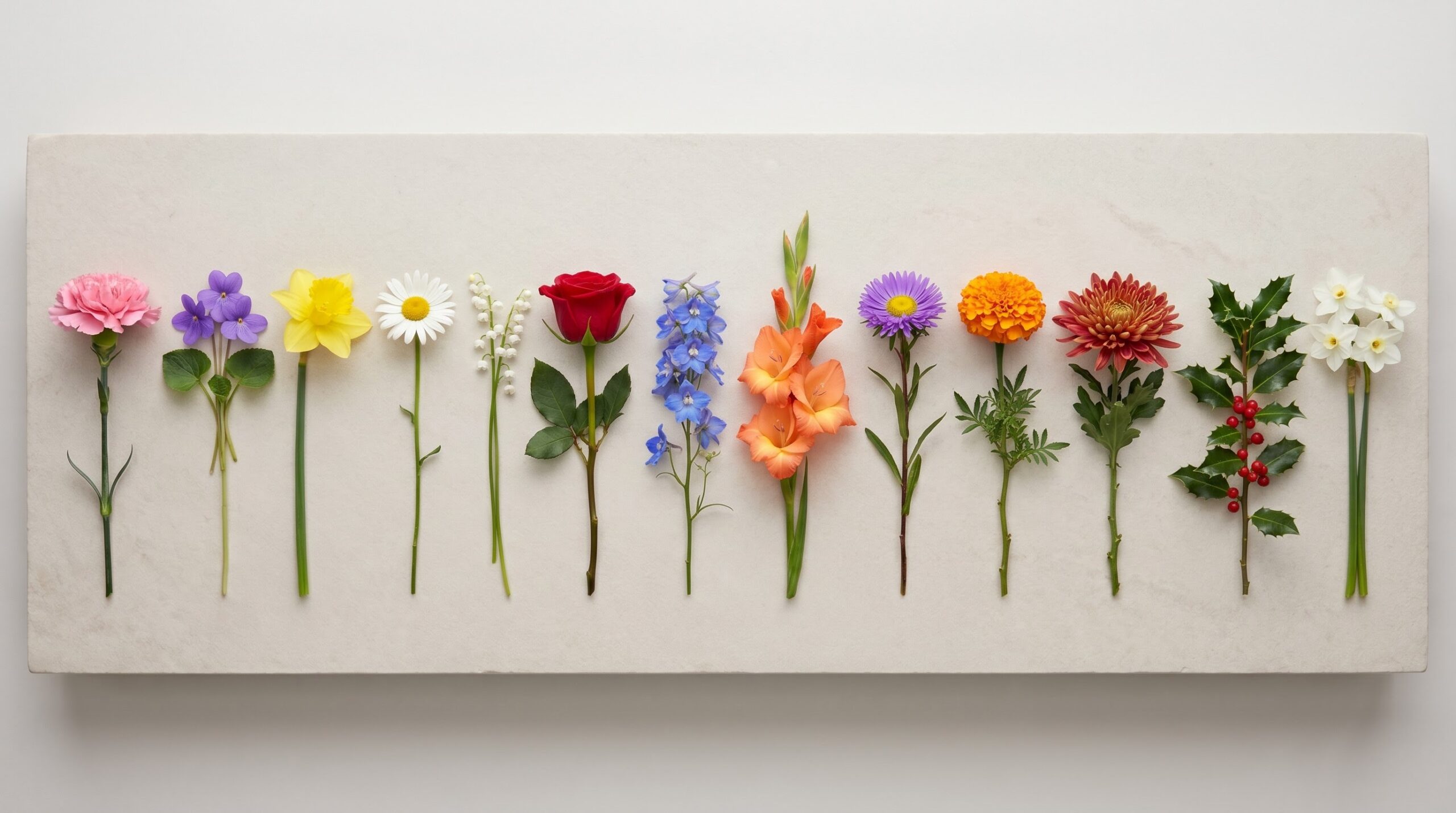 Twelve single flower stems in a row representing each birth month