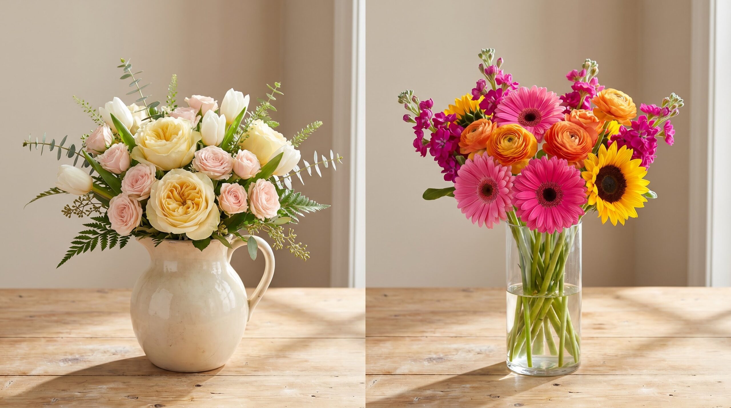 Pastel rose bouquet for mom beside a bold bright bouquet for a partner