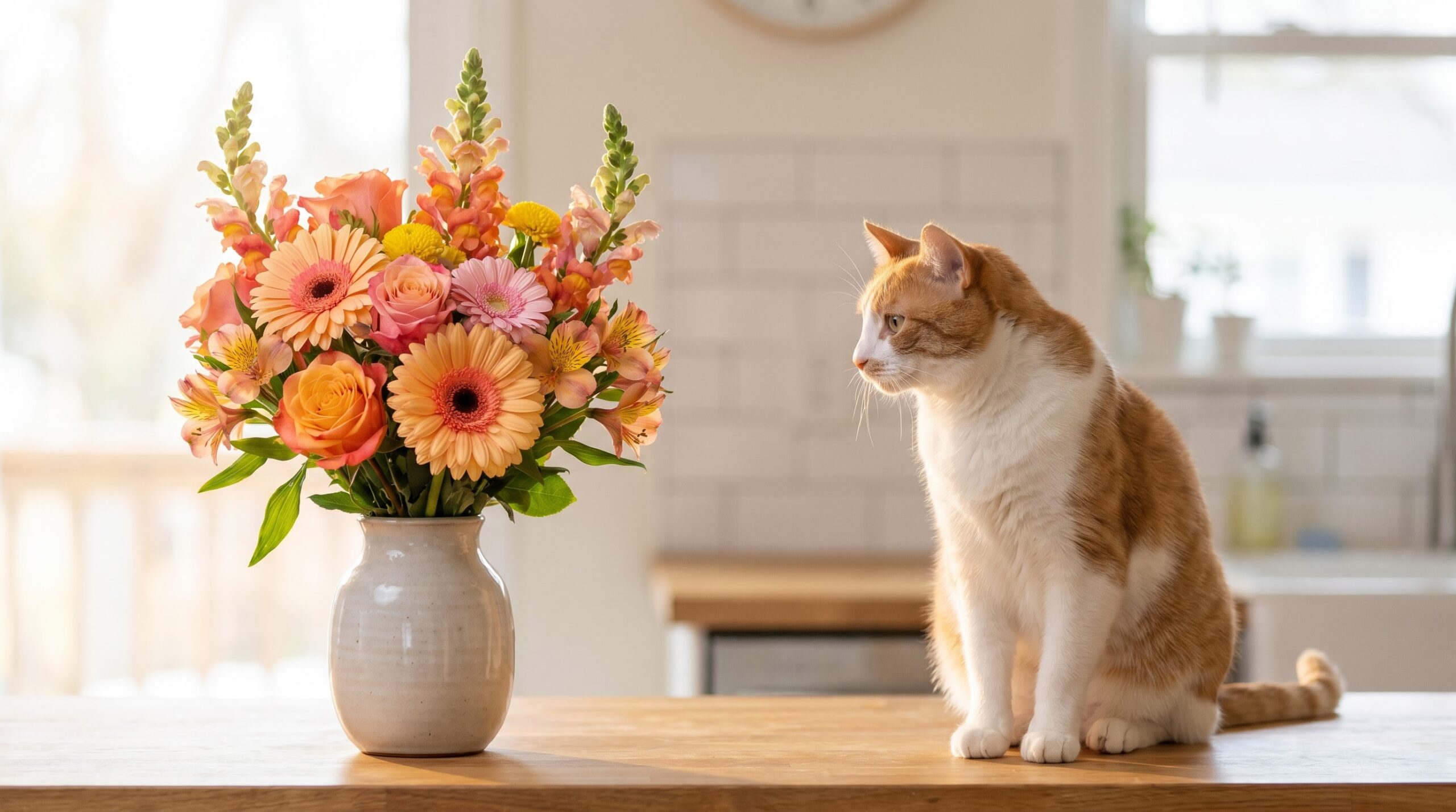 Cat sitting calmly near a lily-free birthday bouquet on a kitchen counter
