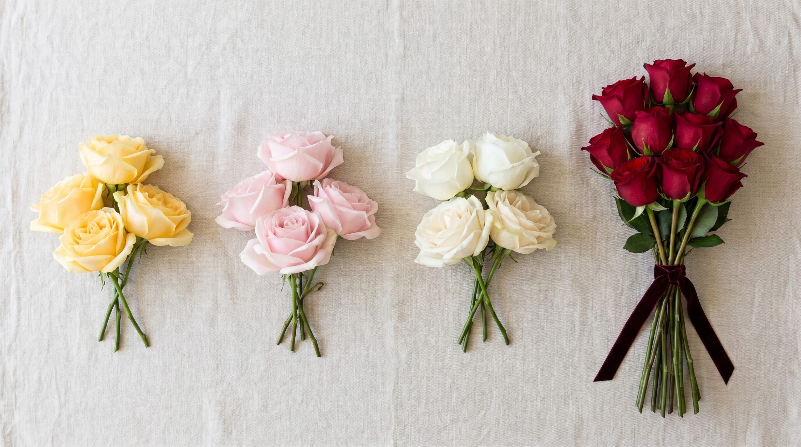 Yellow, pink, white and red roses grouped by color with the red dozen apart