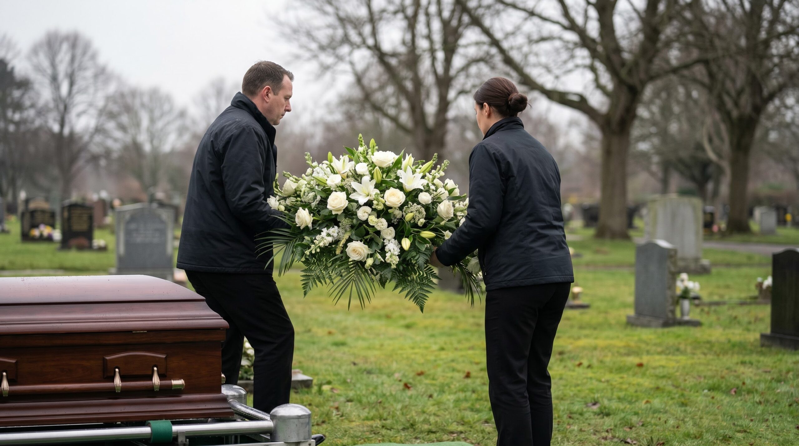 funeral staff lifting a casket spray before burial