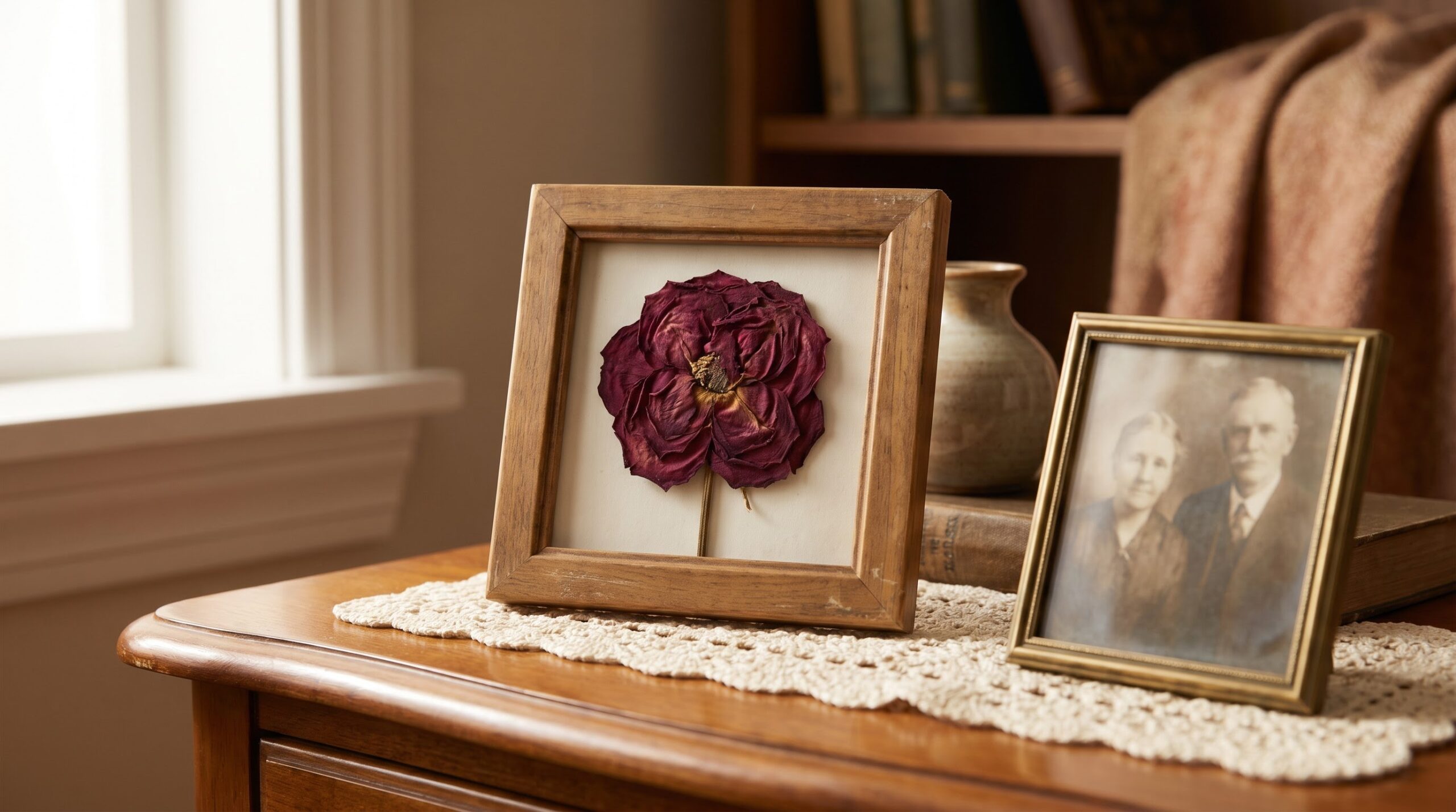 a dried rose in a frame beside a memorial photograph