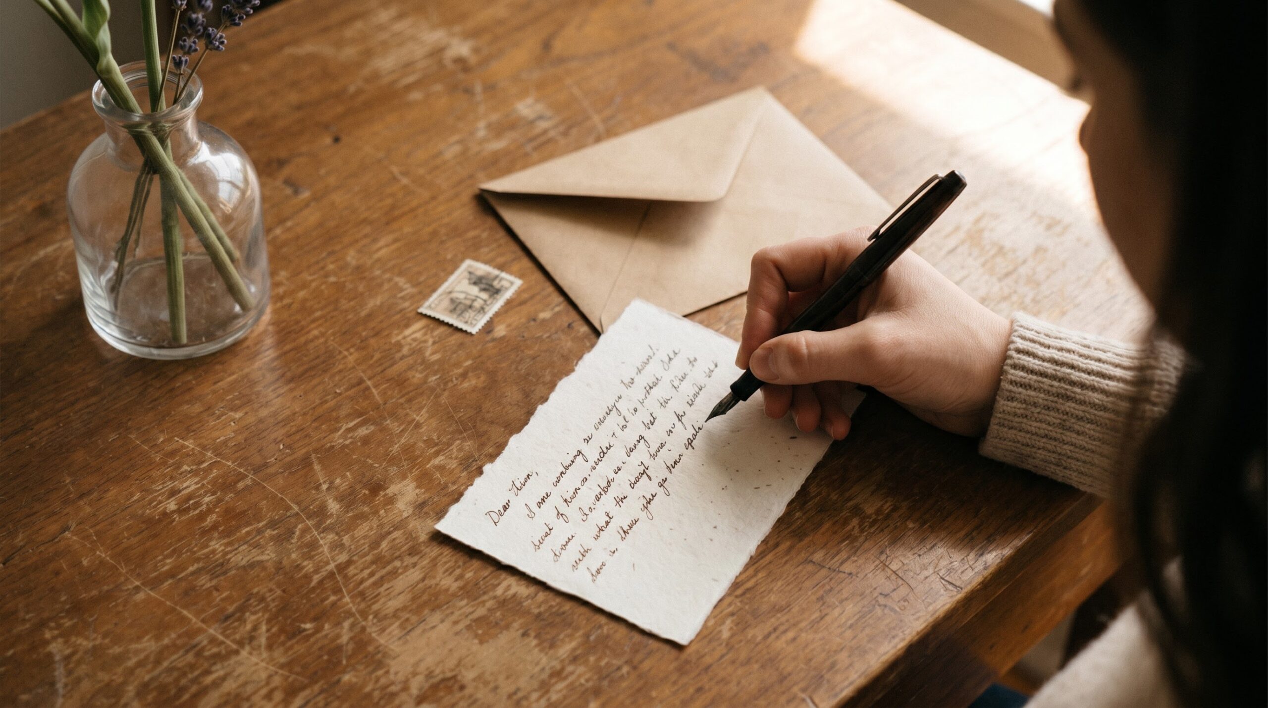 hand writing a thank-you card beside a small glass vase