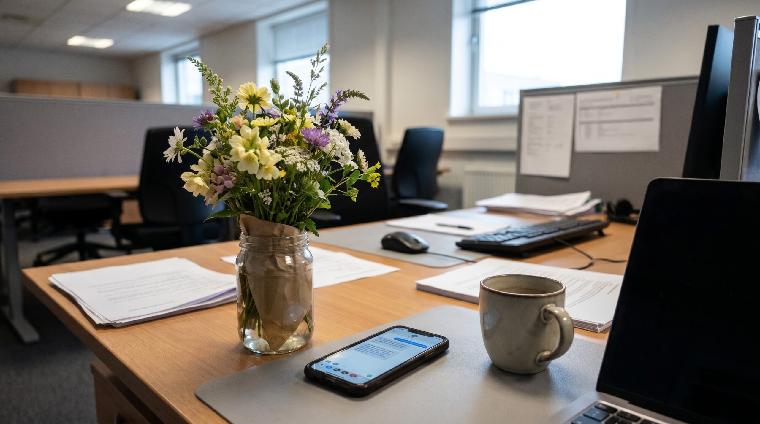 bouquet and phone with a text thread on an office desk