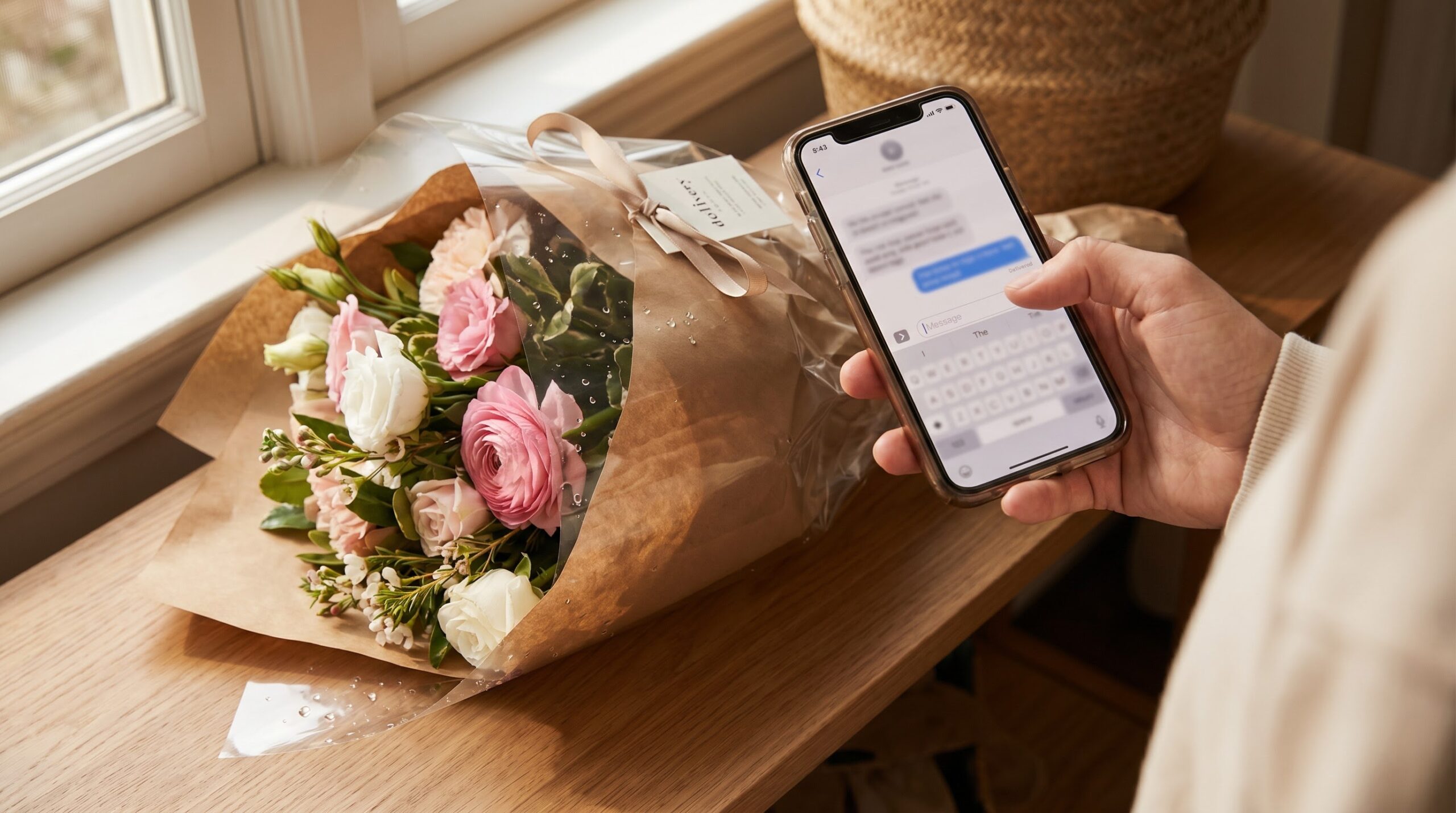 hand holding a phone beside a freshly delivered wrapped bouquet