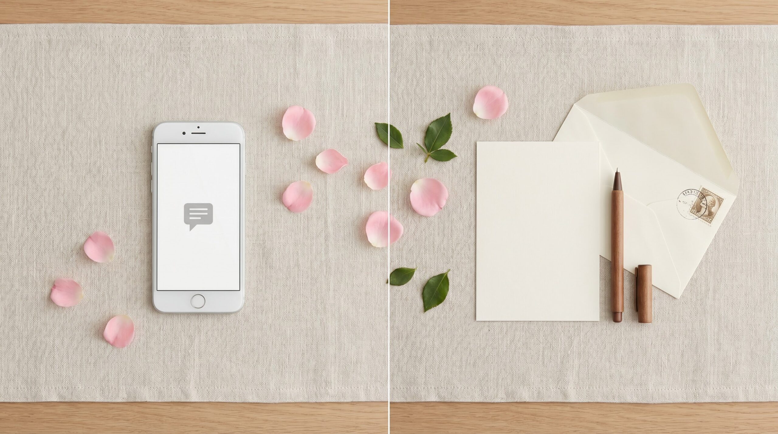 flat-lay of a phone and a blank card as two reply options