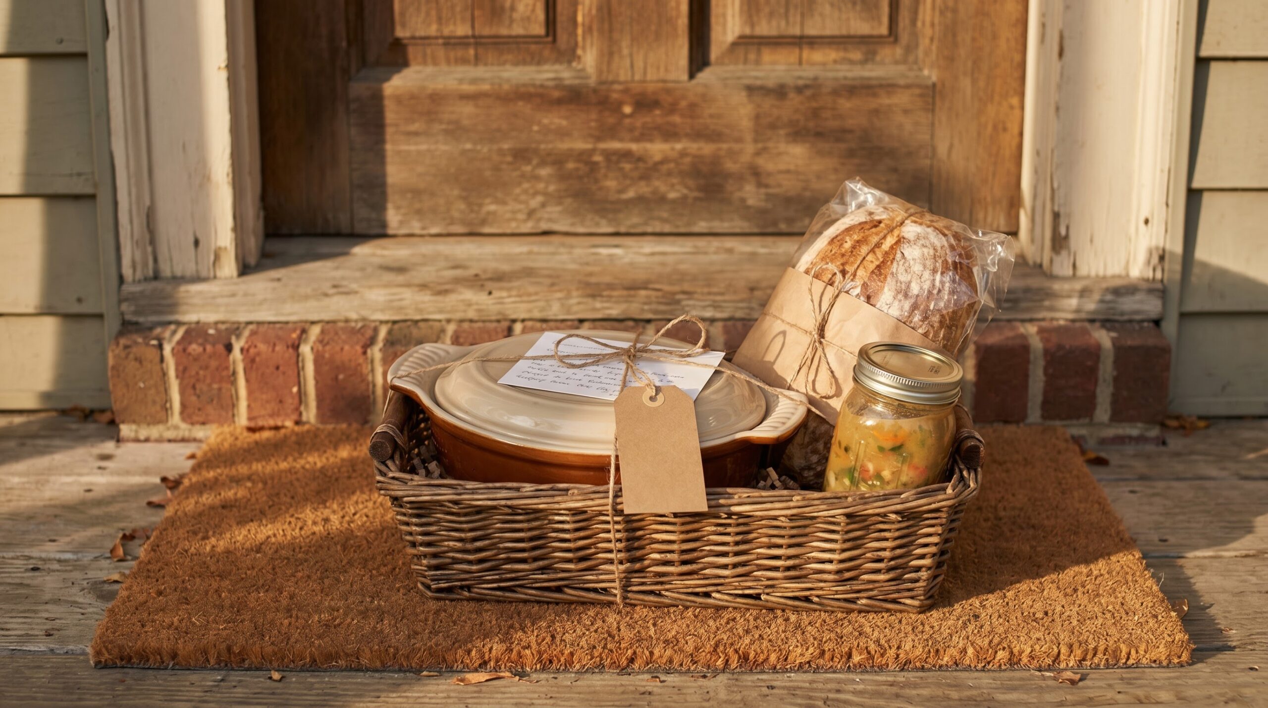 care package and handwritten sympathy card left at a front door