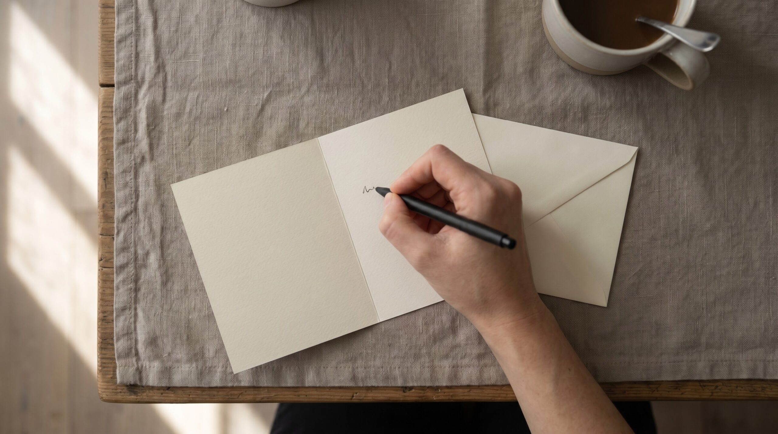 hand writing a thinking of you card weeks after a loss