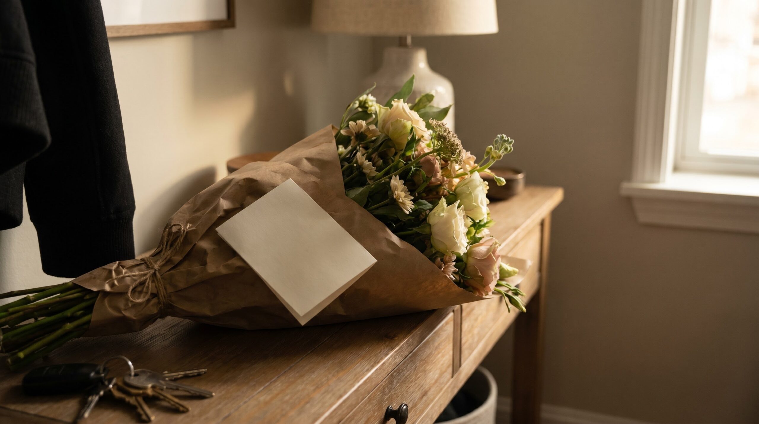 a wrapped bouquet and an unopened note card on a table