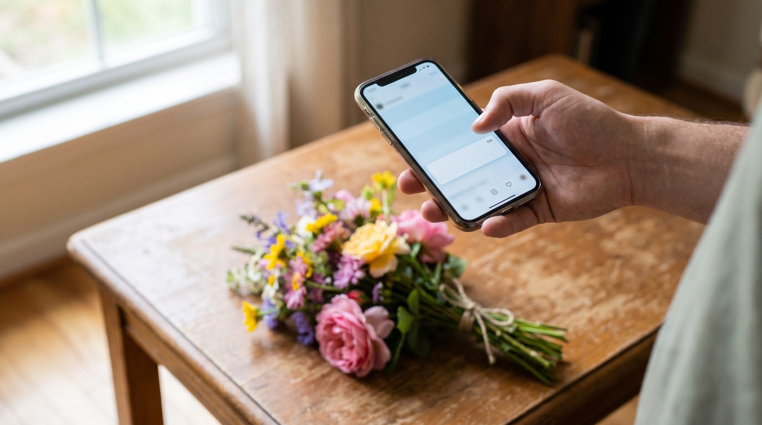 a phone held above a bouquet with a caption field open