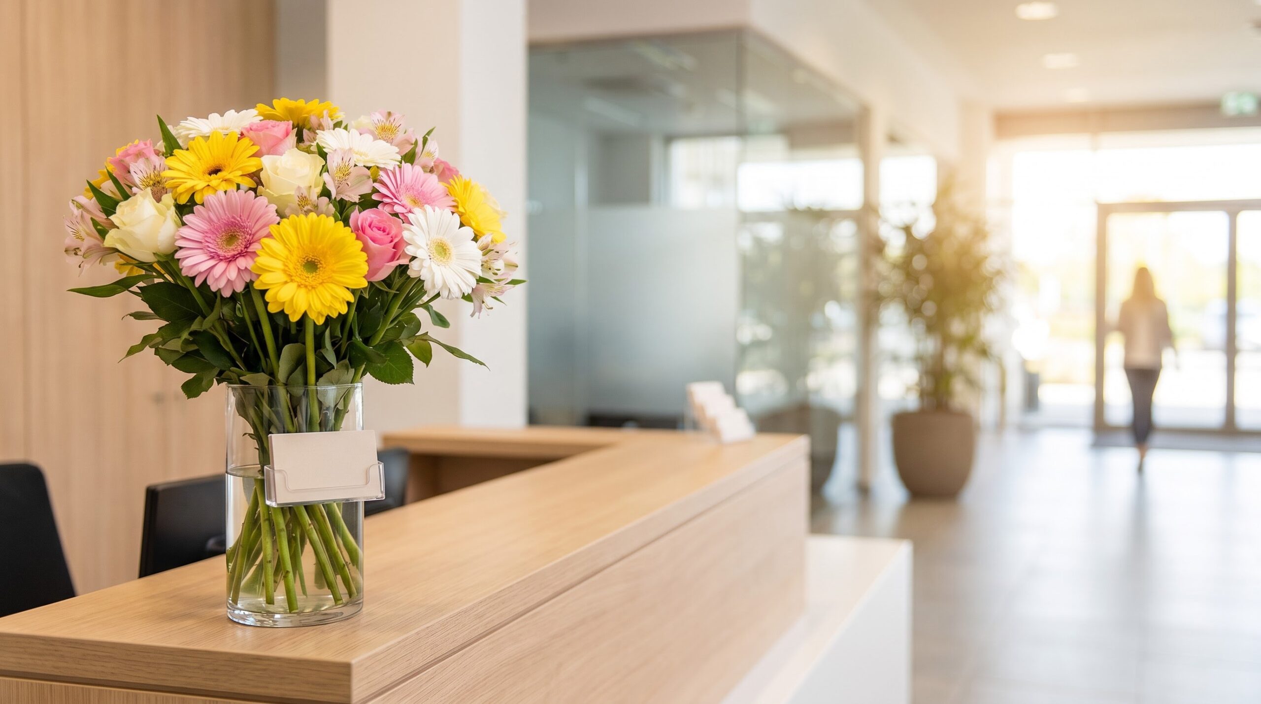 cheerful birthday bouquet waiting on an office reception desk mid-morning