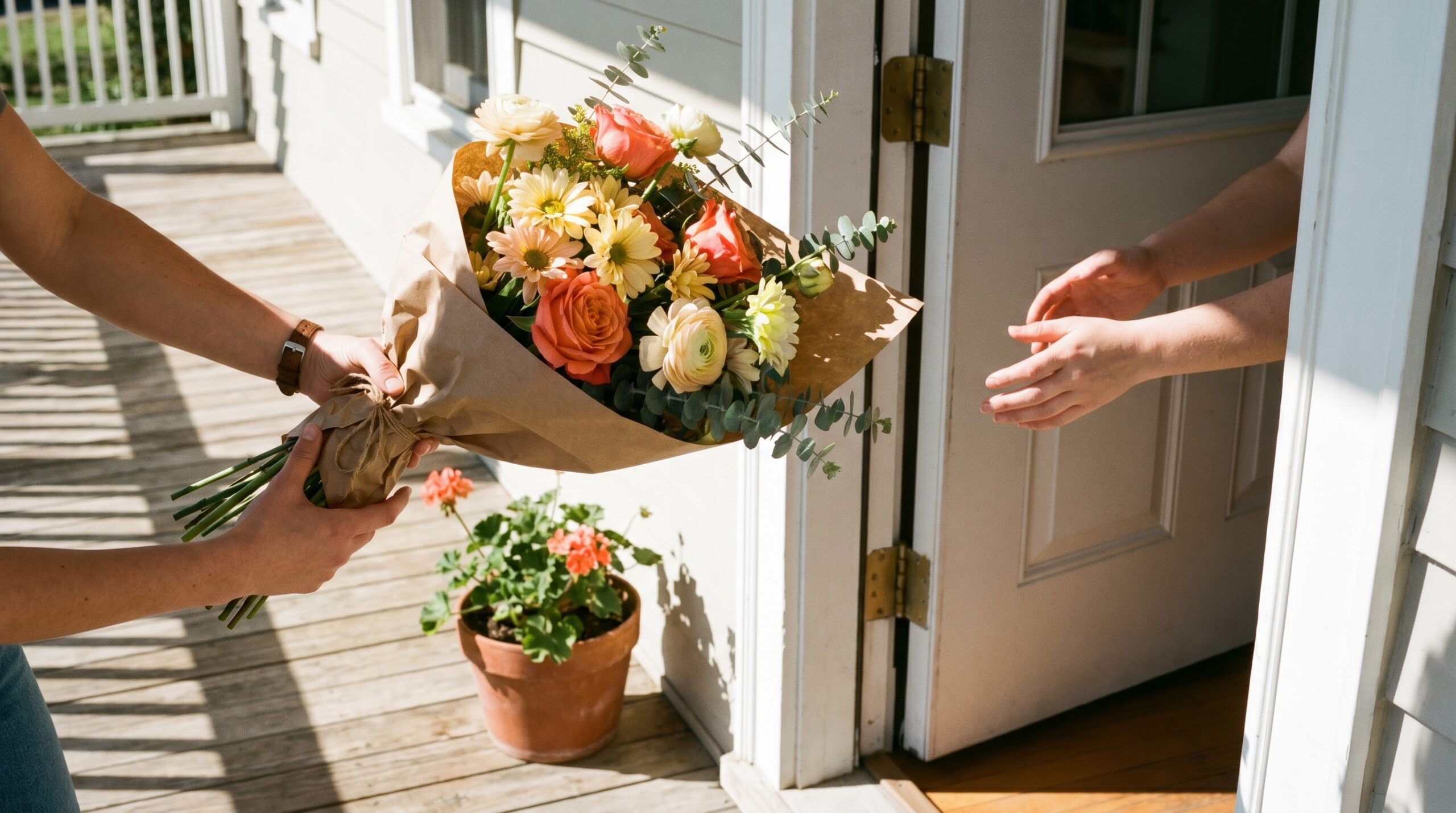 wrapped birthday bouquet handed over at a front door in morning light