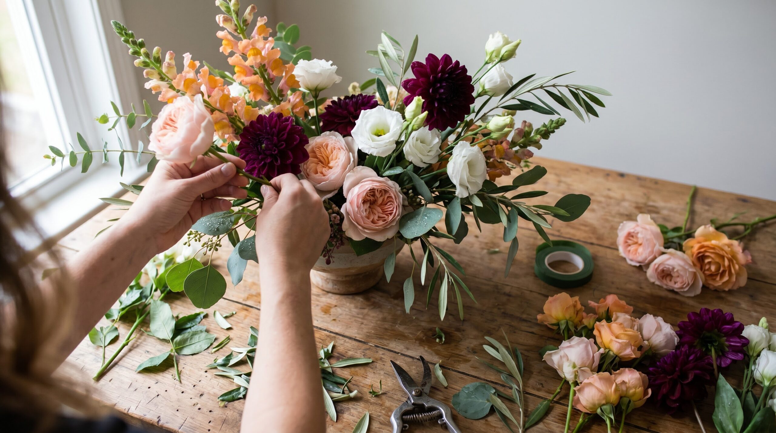 florist building a freestyle designer's choice arrangement on a wooden workbench