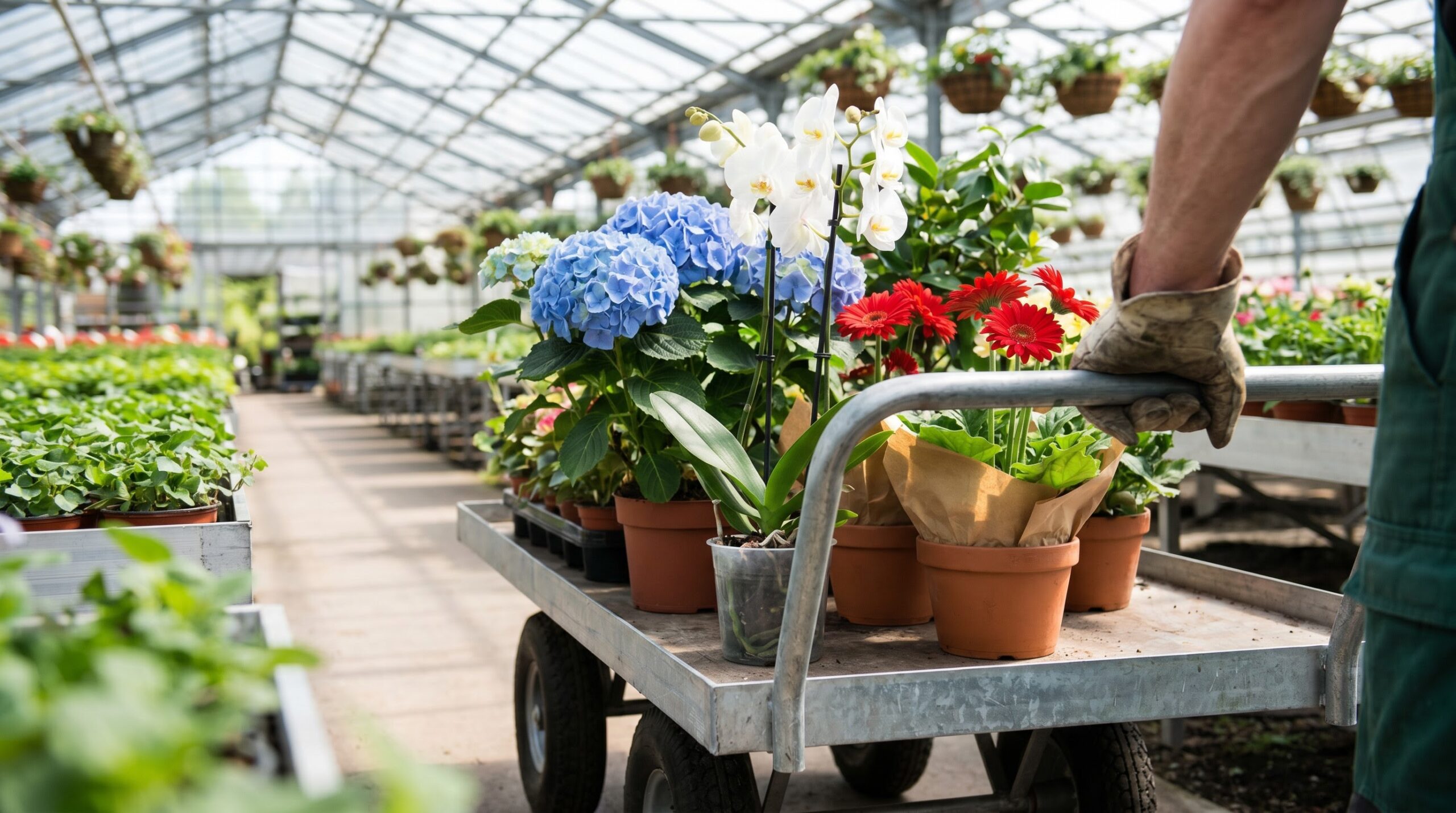 garden center cart with potted flowering plants for a same-day birthday save