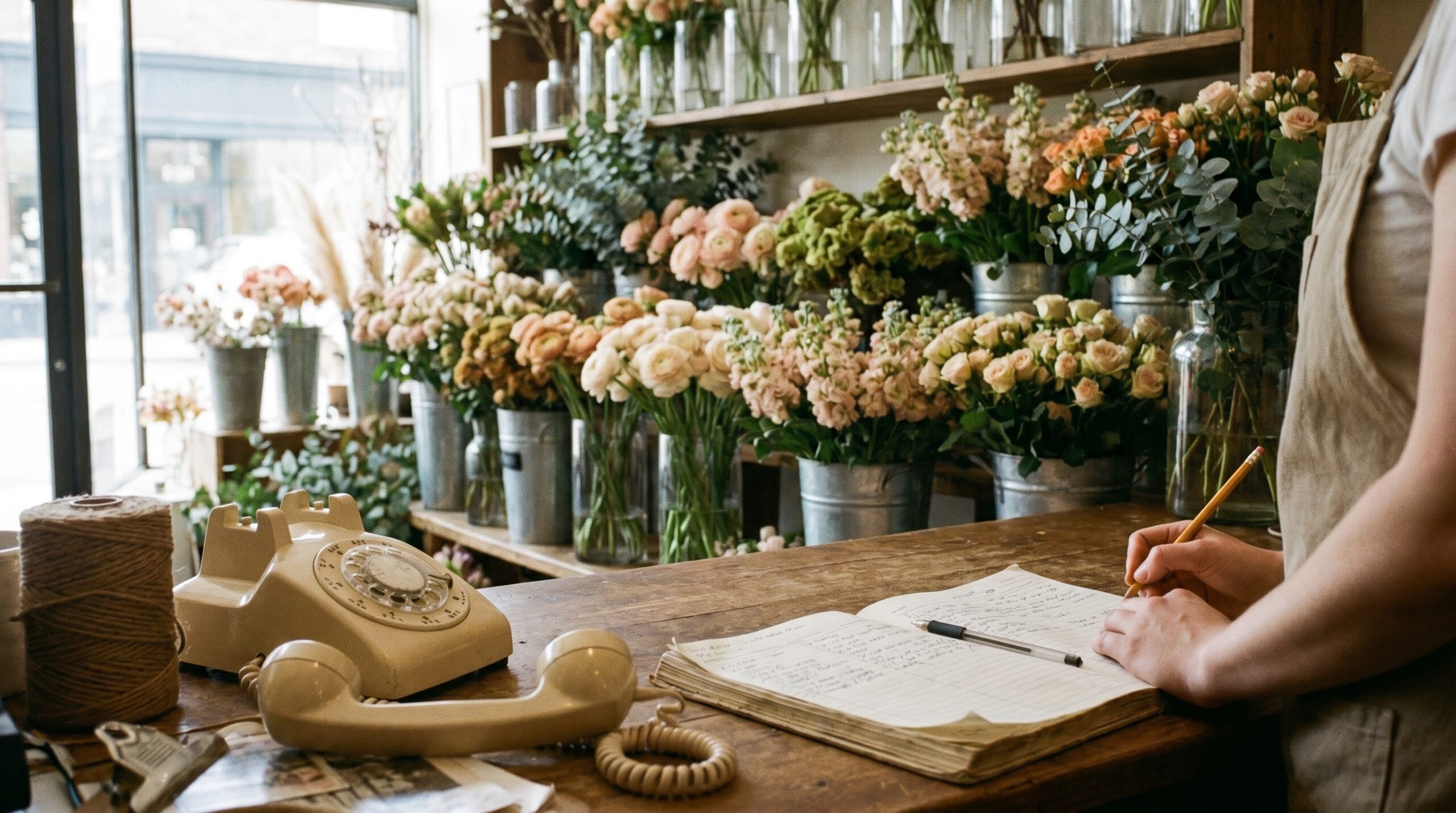 florist taking a phone order at a small shop counter beside fresh stems