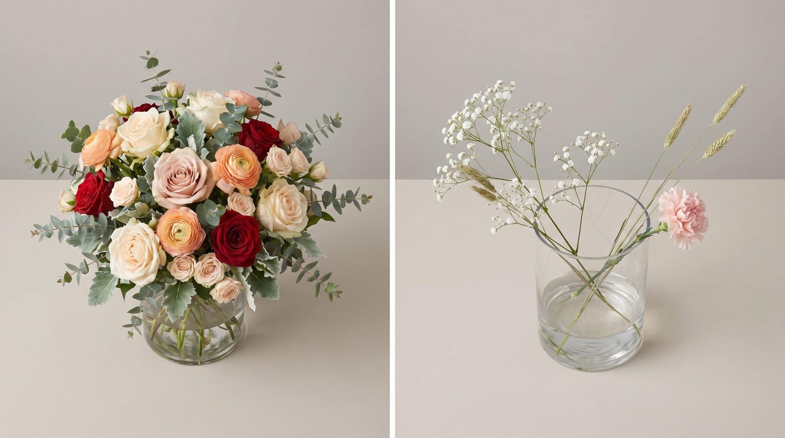 two identical vases, one full bouquet and one thin, sparse one