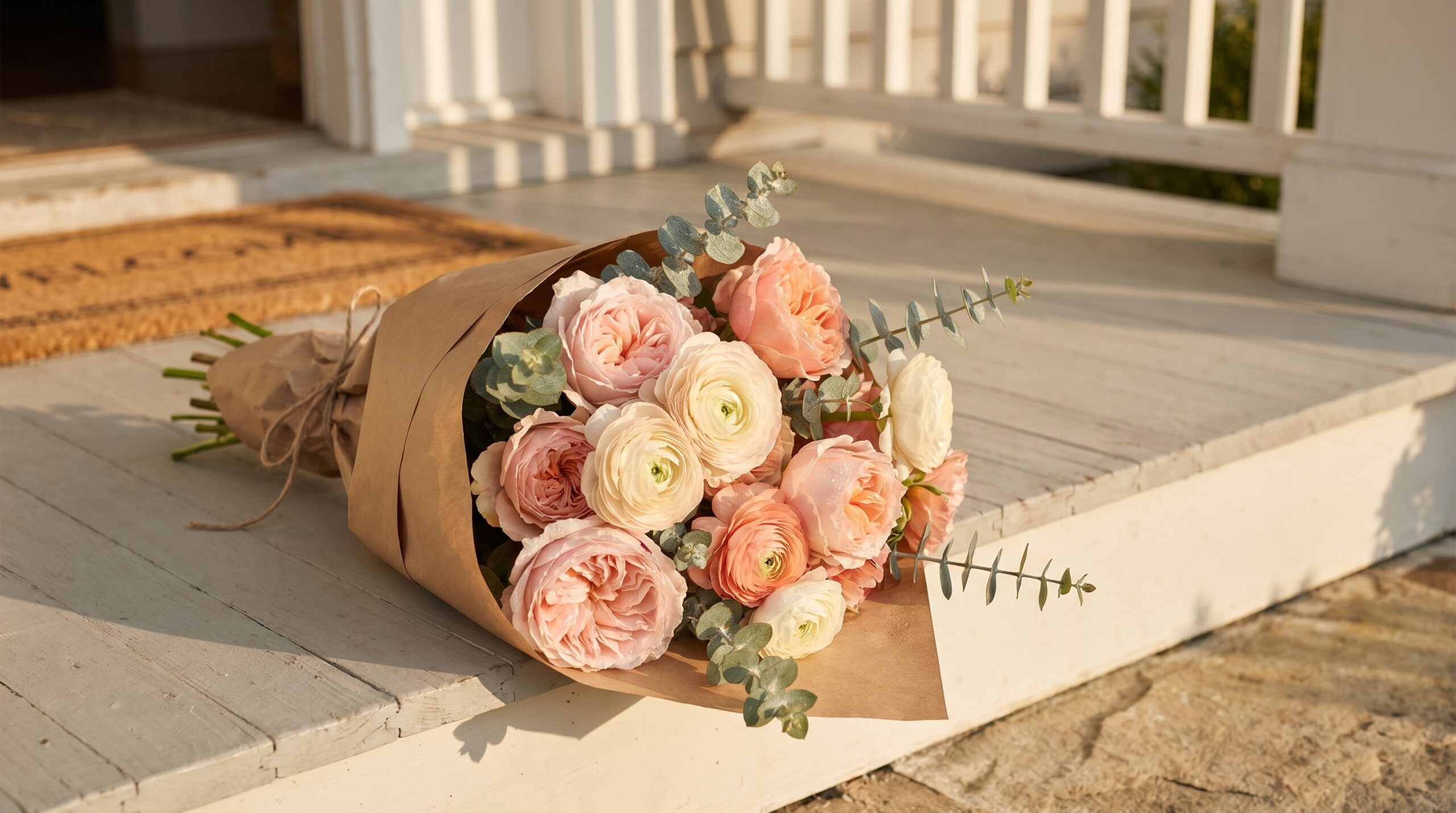 fresh bouquet resting on a doorstep in early Sunday morning light