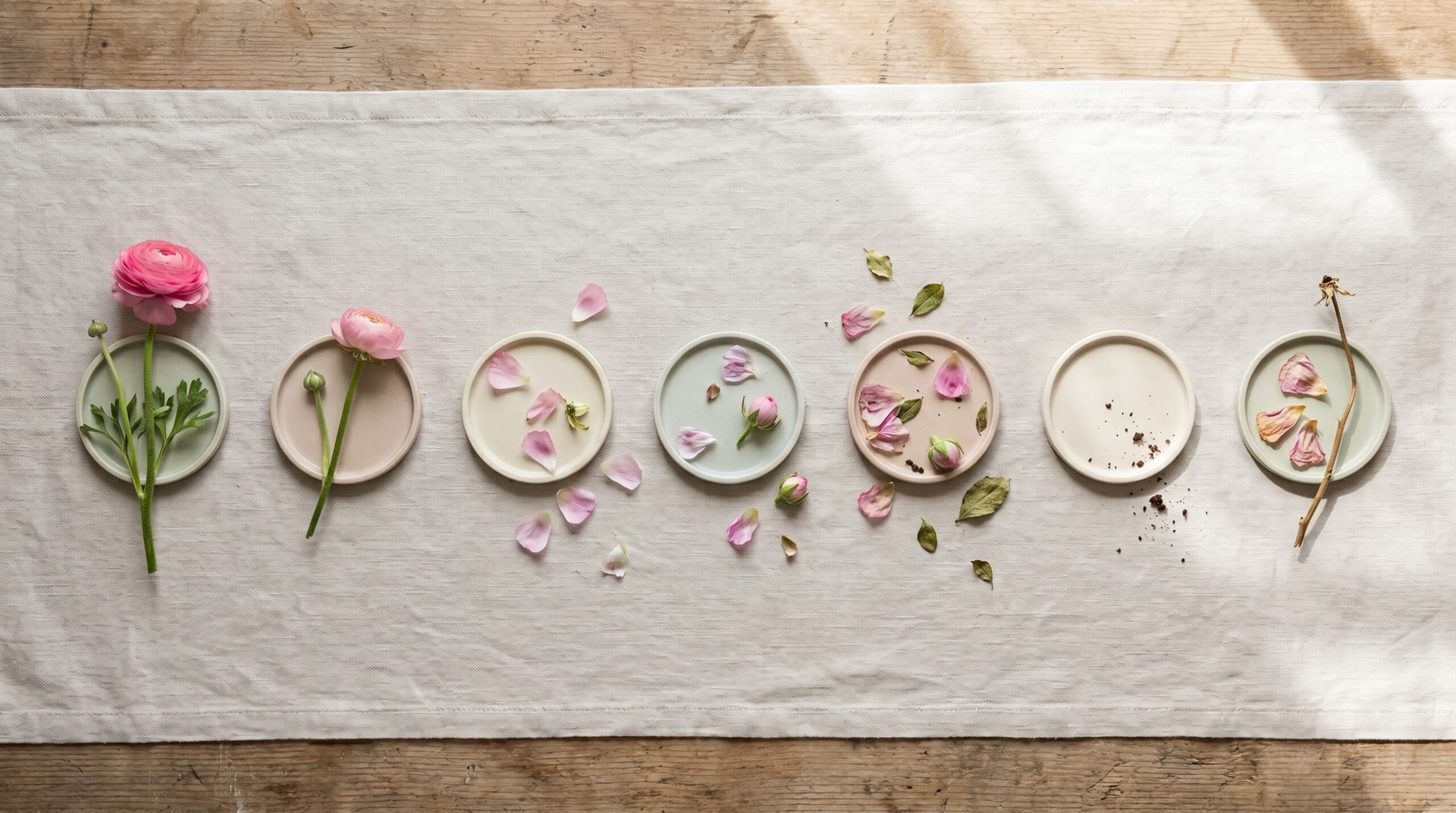 flower stems arranged in a row, fresh on the left, sparse on the right
