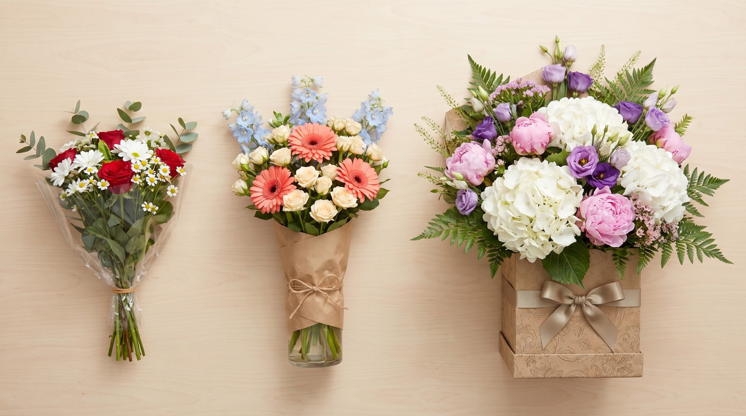 three flower arrangements of different sizes lined up for comparison