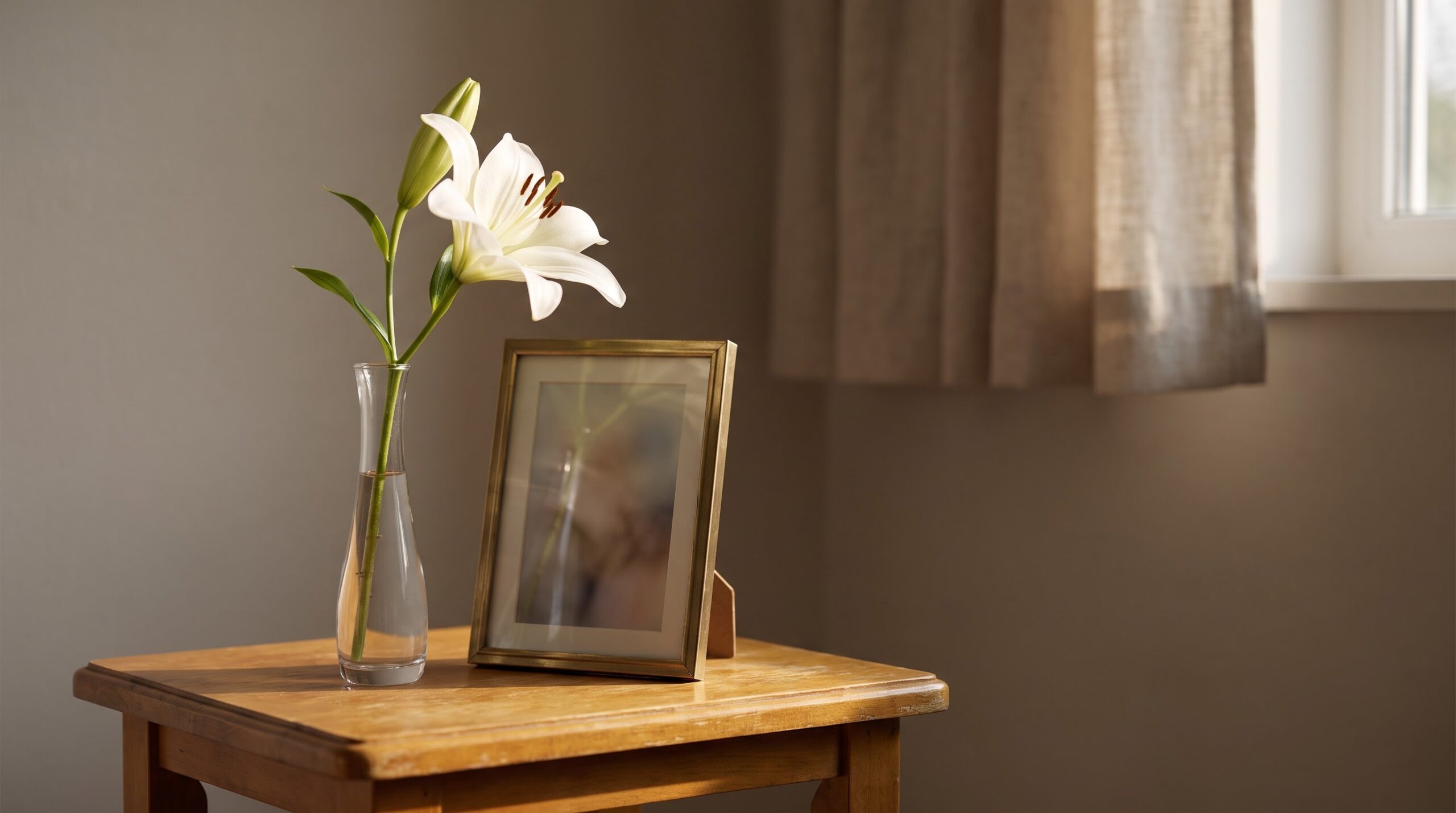 single white lily in a bud vase beside a framed photograph