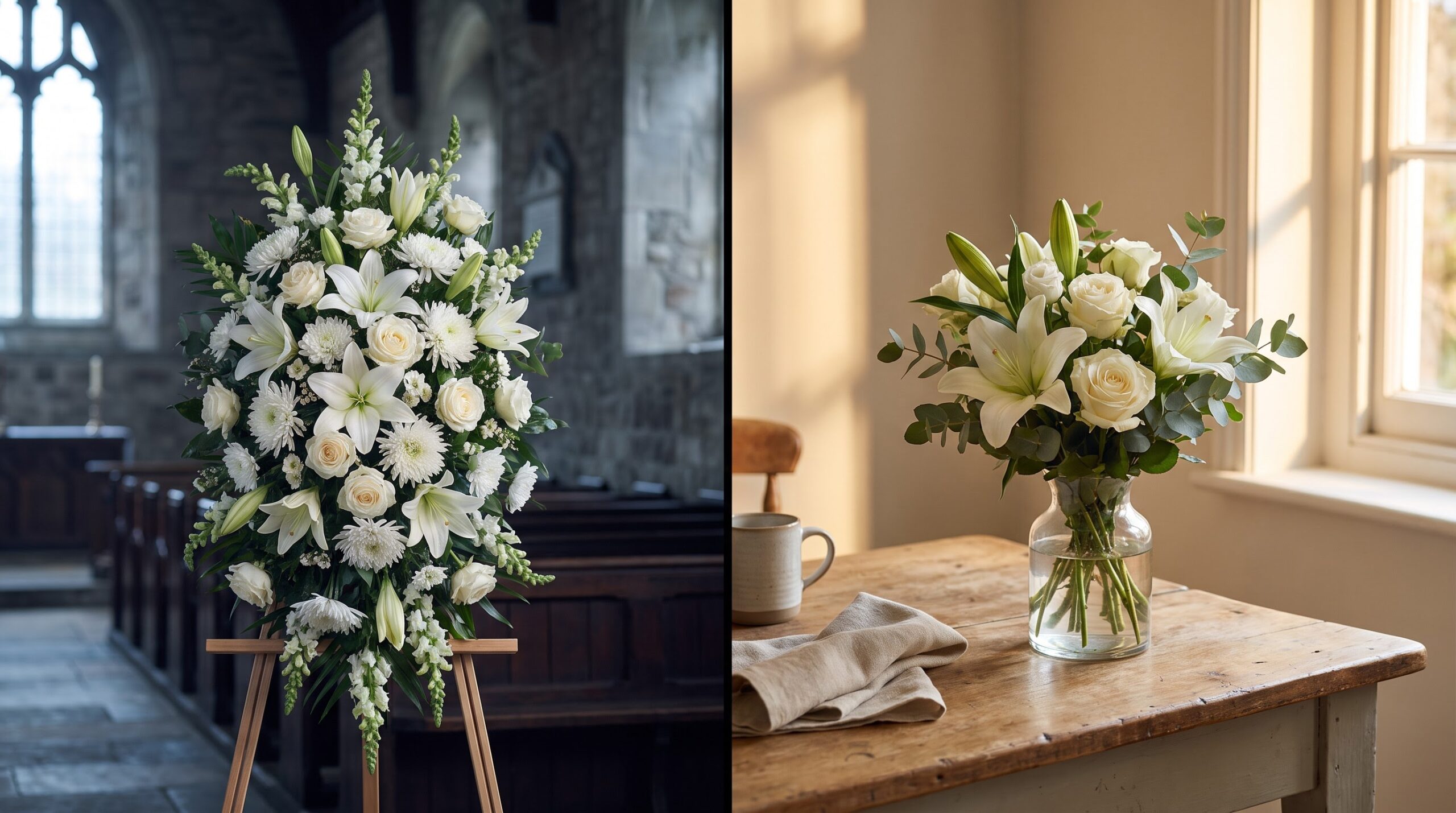 standing funeral spray in a chapel beside a small home vase bouquet