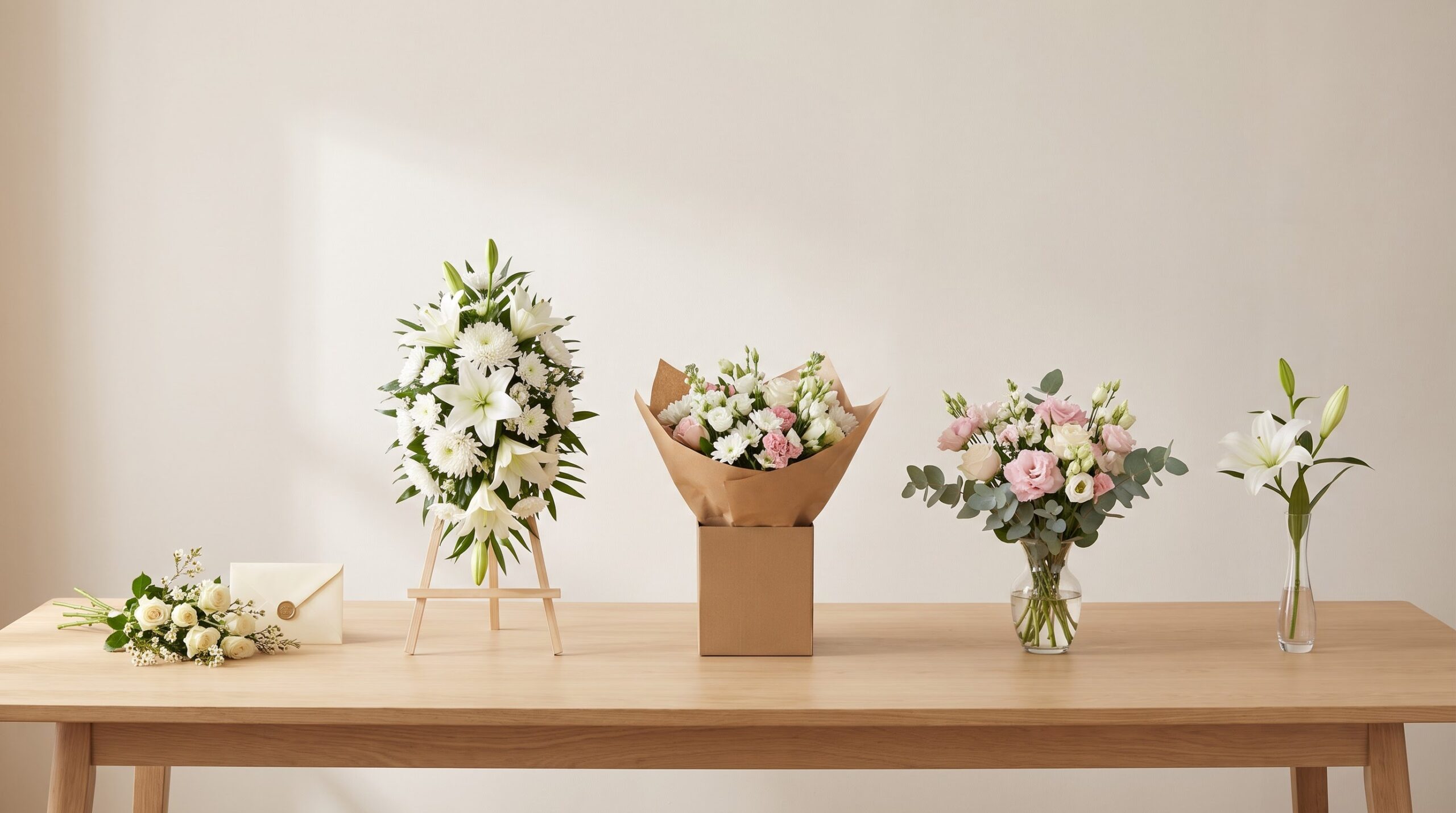 five floral arrangements in a row showing sympathy flower stages over time