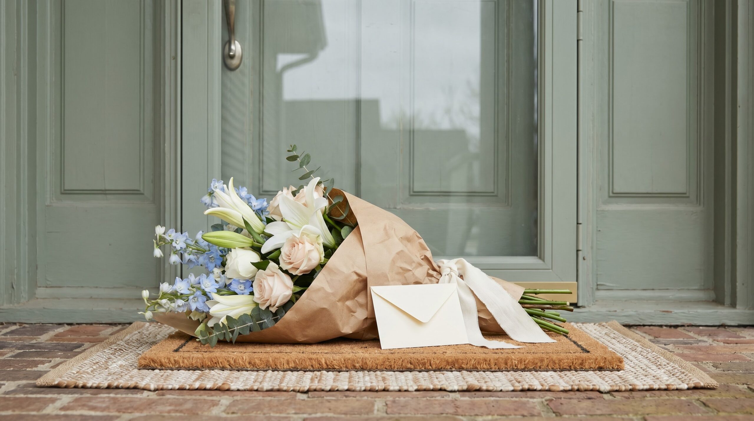 hand-tied sympathy bouquet in kraft paper waiting on a front doorstep