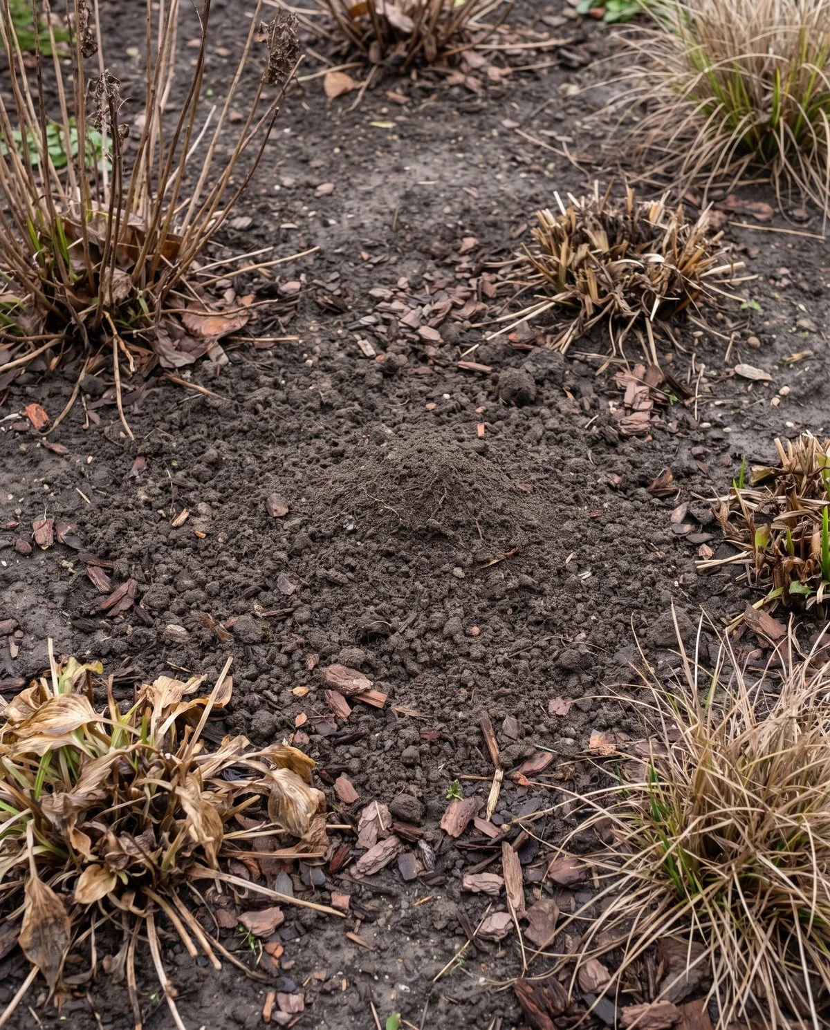 The bare patch where a deciduous agapanthus has died back to the ground for winter, only soil and a little mulch left