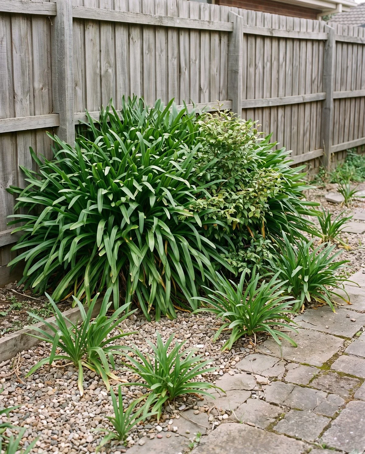 Agapanthus foliage spreading well beyond its bed, crowding a fence line with young plants coming up in the gravel