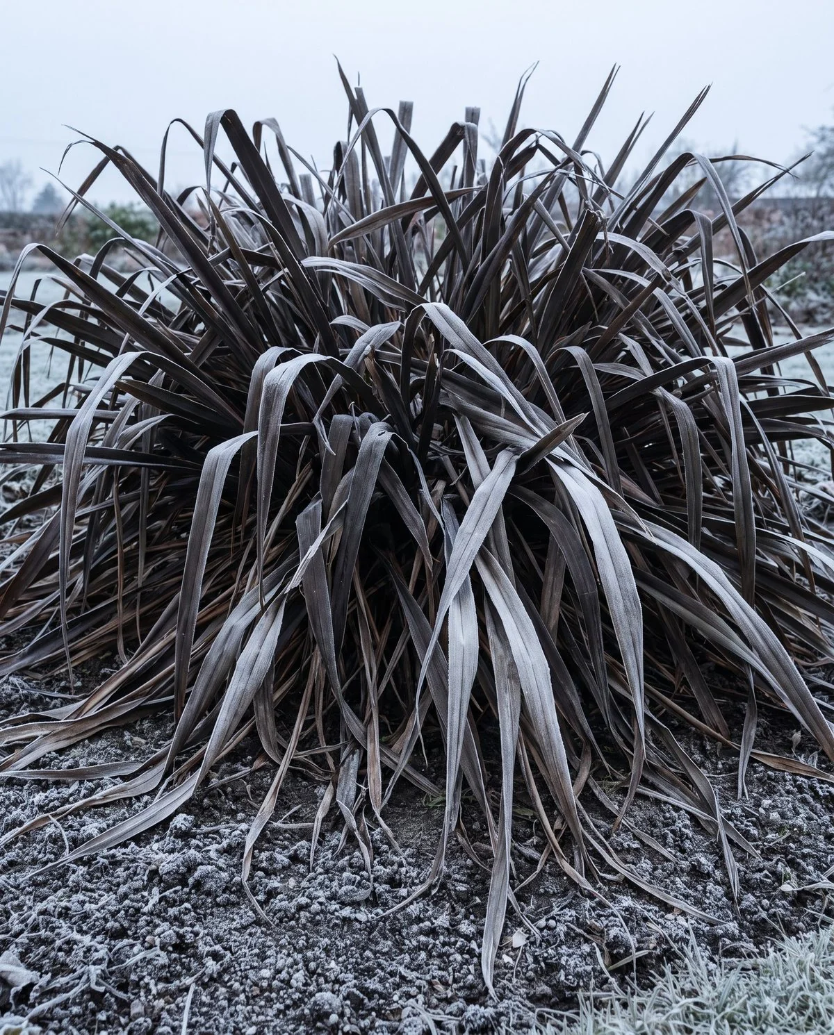 Agapanthus leaves blackened and collapsed limply after a hard frost, the damage even across every blade