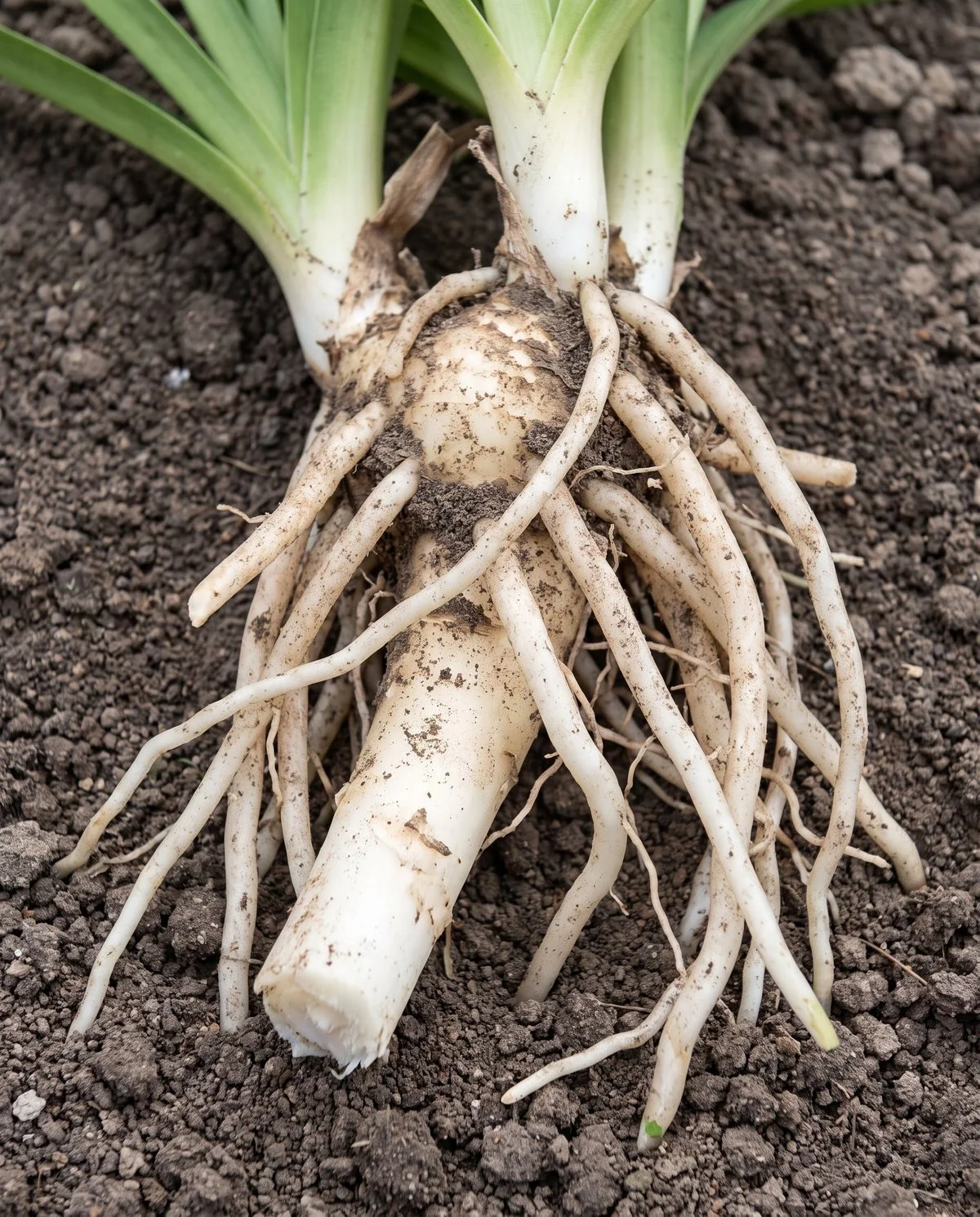 A lifted agapanthus rhizome with firm pale cream roots and no discoloration, resting on open crumbly soil