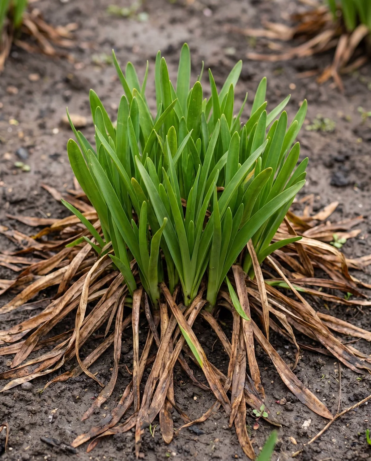 New bright green agapanthus leaves pushing up from the centre of a clump beside last season's dead foliage