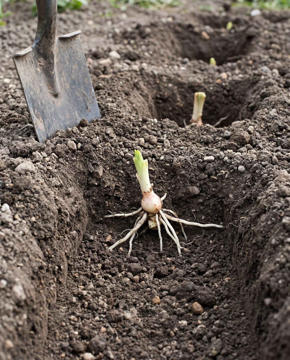 Side view of an open planting hole with an agapanthus rhizome set barely an inch below the soil surface