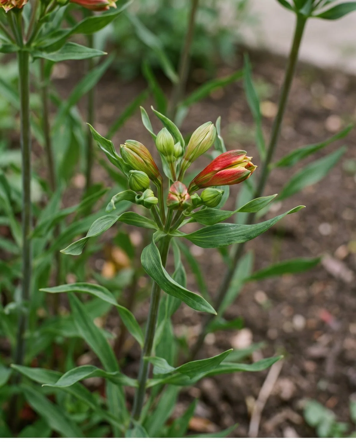 An alstroemeria stem tipped with a developing cluster of buds, a few beginning to show colour