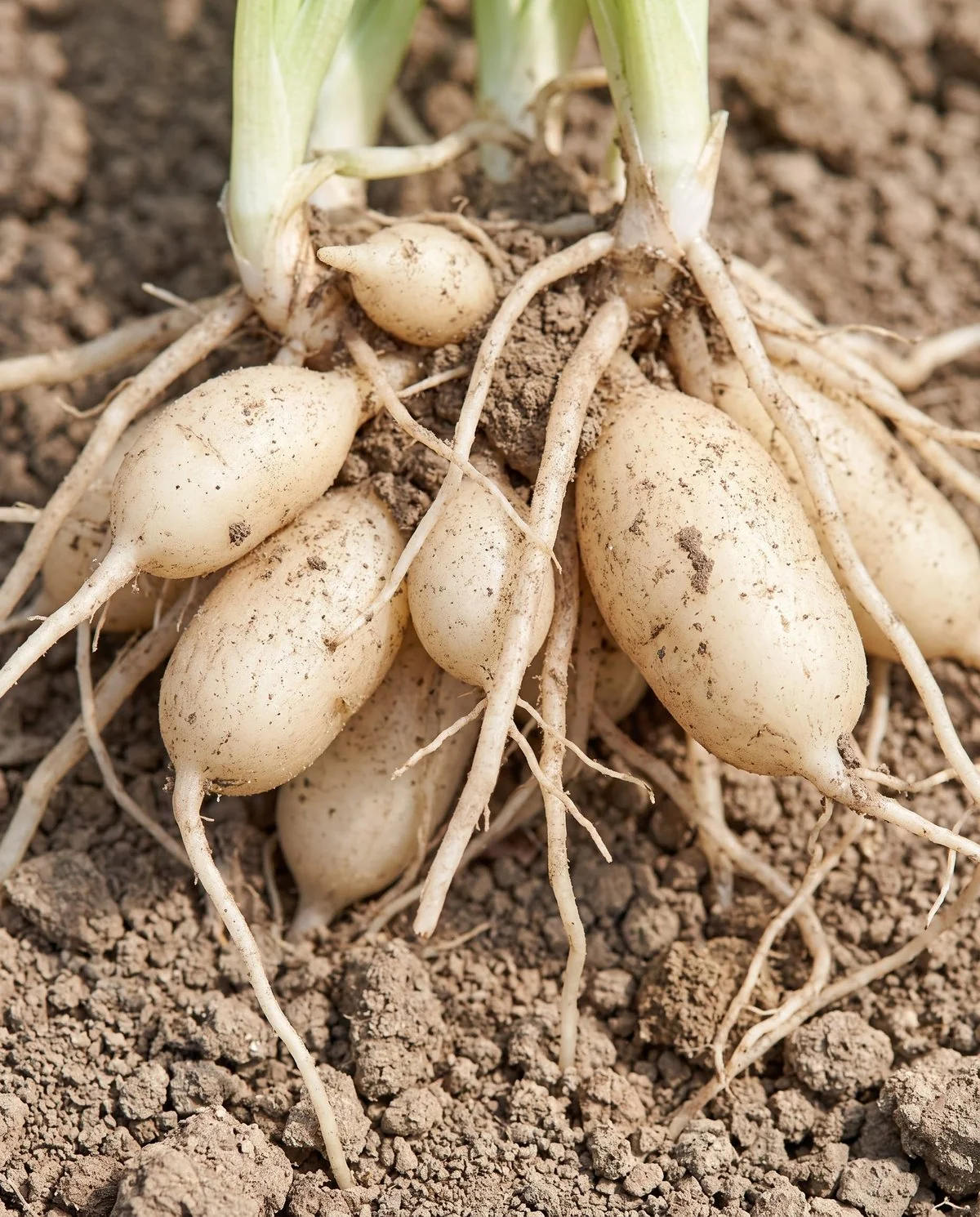 Lifted alstroemeria tubers, firm pale fleshy storage roots holding their shape on open soil