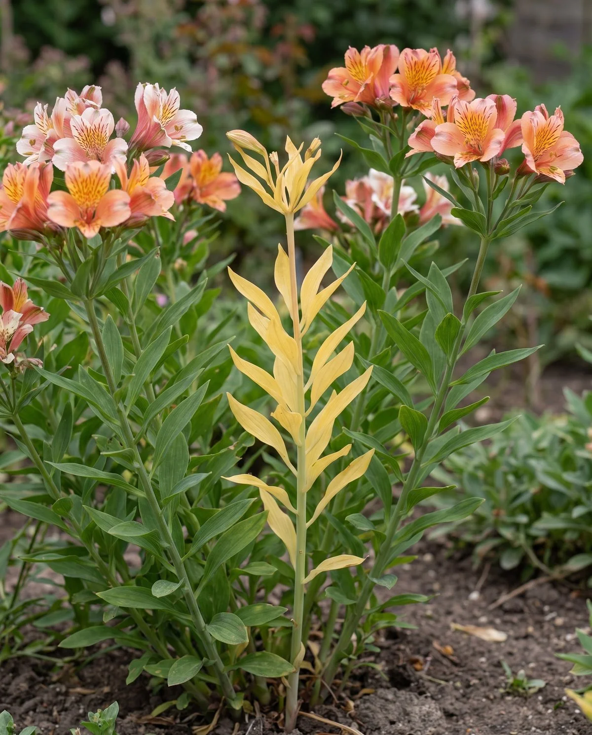 One spent alstroemeria stem fading evenly to yellow while neighbouring stems stay green and in flower