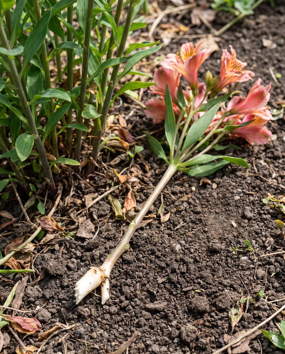A harvested alstroemeria stem lying beside its clump, the base clean and carrying a small piece of pale root tissue