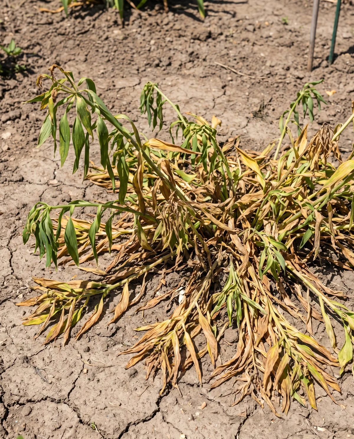 An alstroemeria clump in decline, much of the foliage yellowed and browning and collapsing in midsummer
