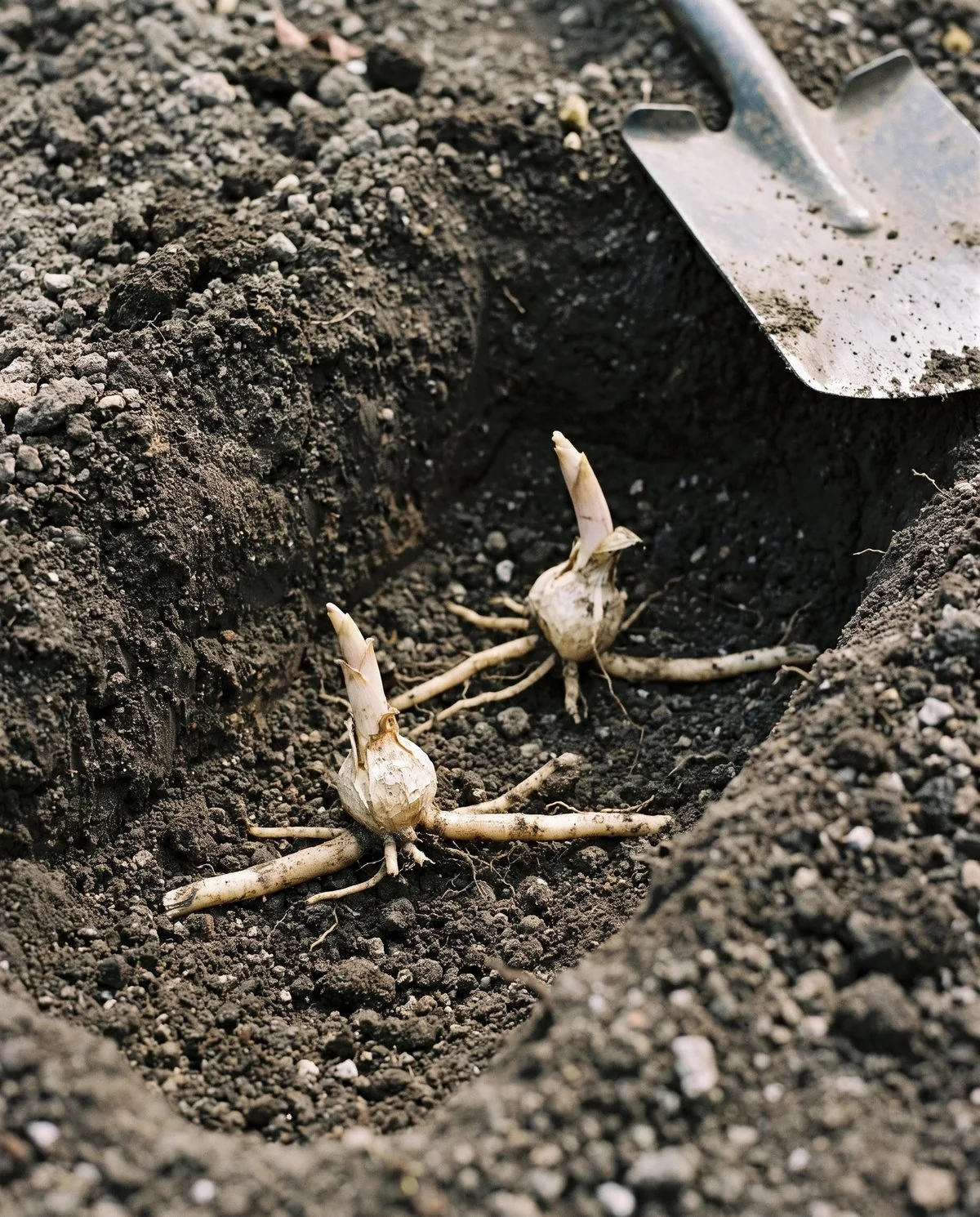 Side view of an open planting trench with brittle alstroemeria tubers laid flat, growing tips facing upward